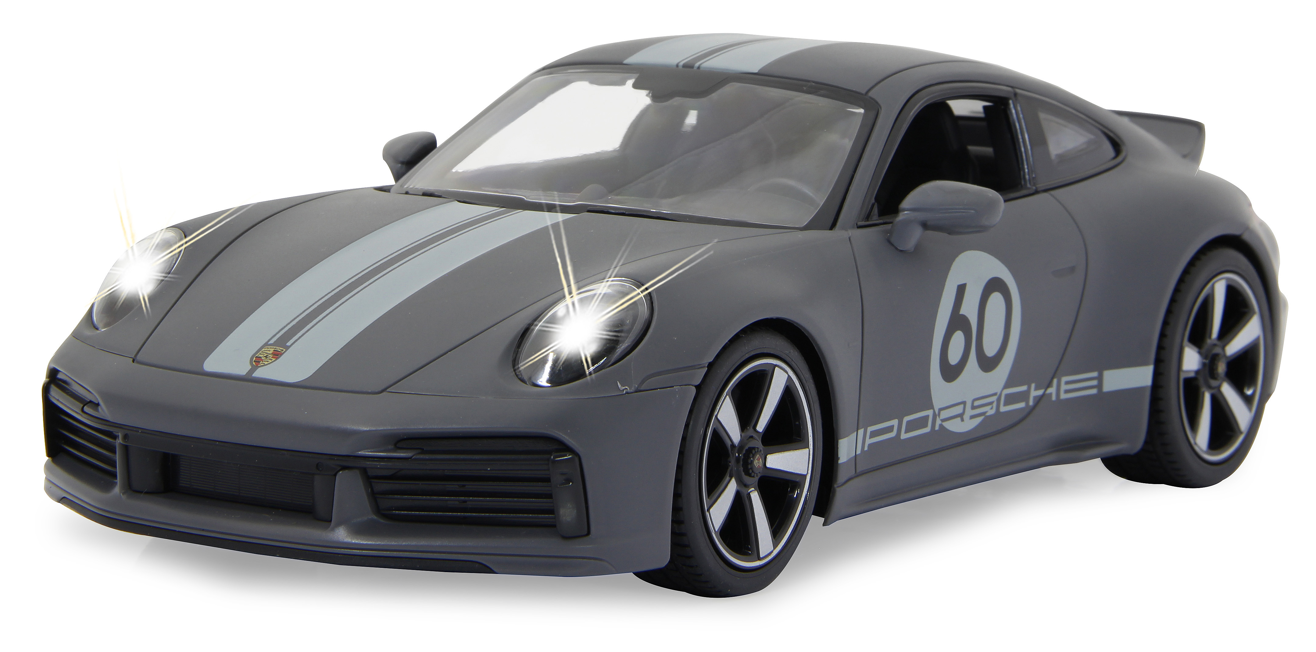 Graues Porsche-Sportwagen-Spielzeug. Hat die Zahl '60' und weiße Streifen. Scheinwerfer leuchten.