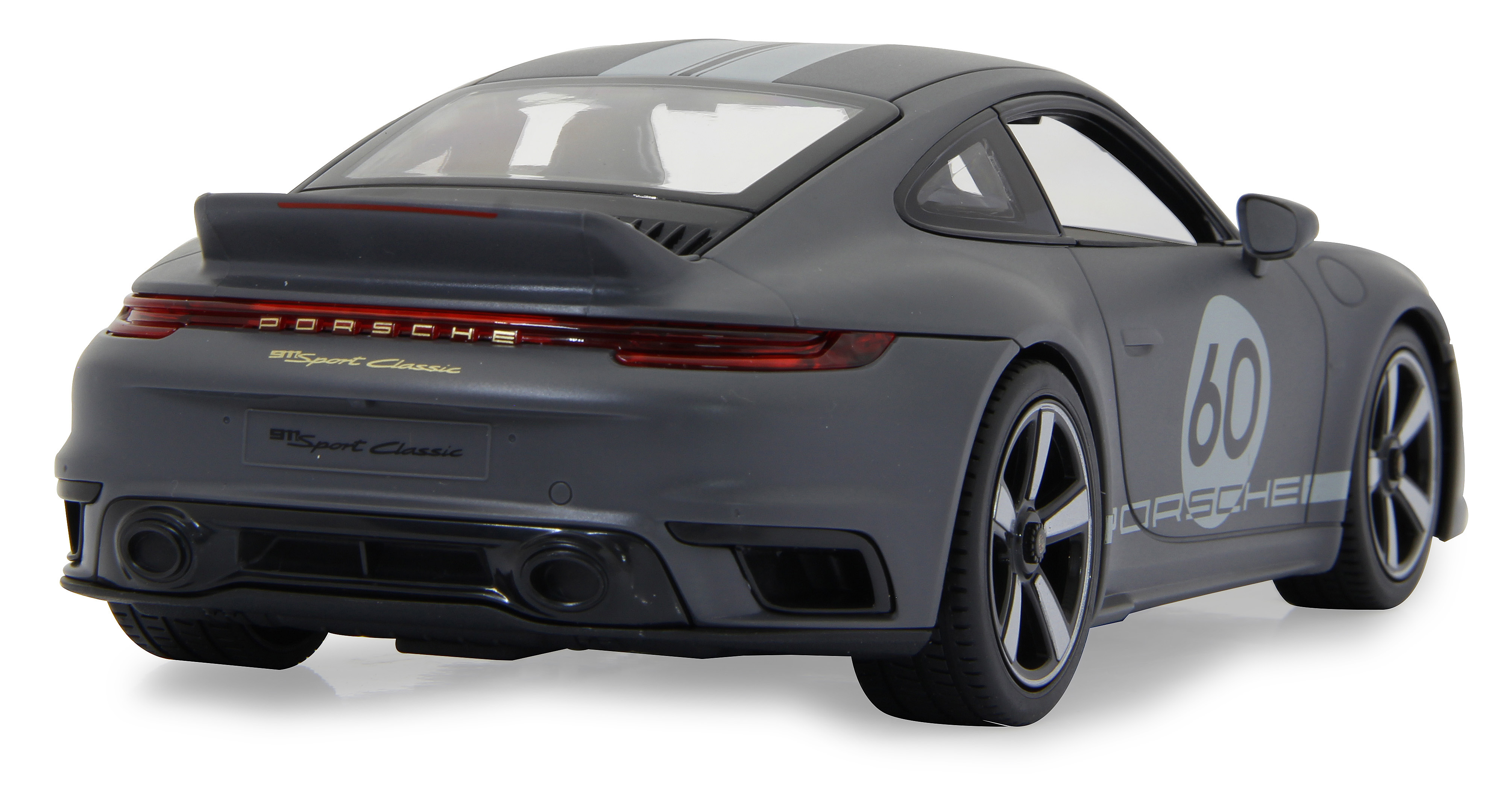 Graues Porsche 911 Spielzeugauto, Rückansicht, mit der Nummer 60. Weißer Hintergrund.