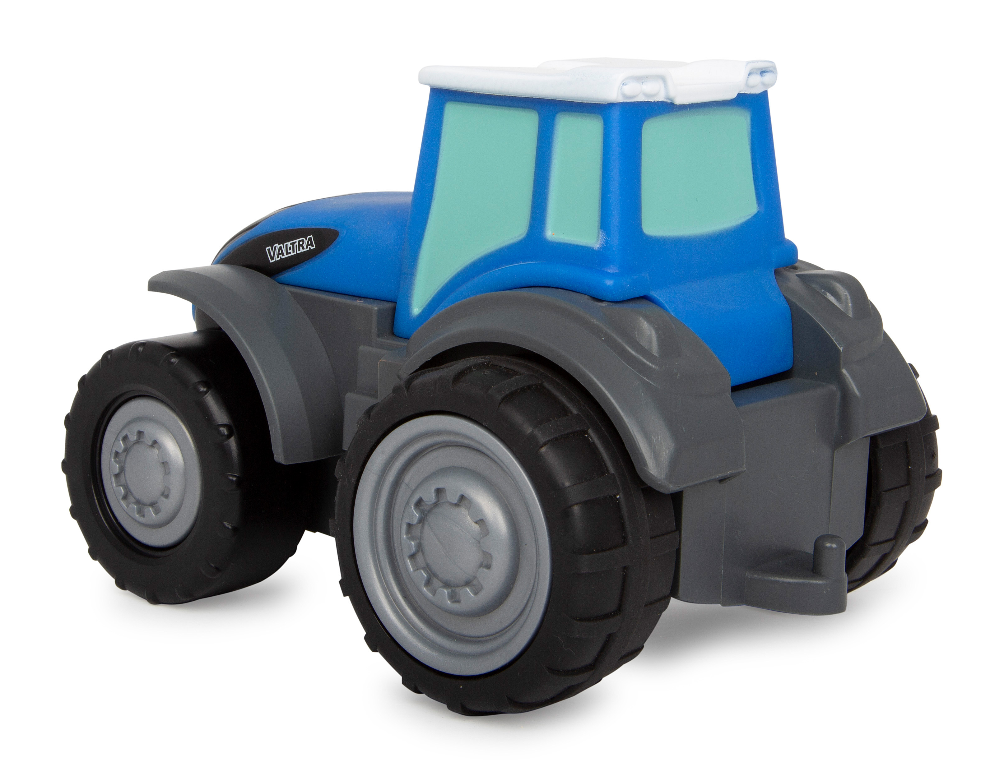 Ein blau-grauer Spielzeugtraktor mit dem Wort VALTRA an der Seite.