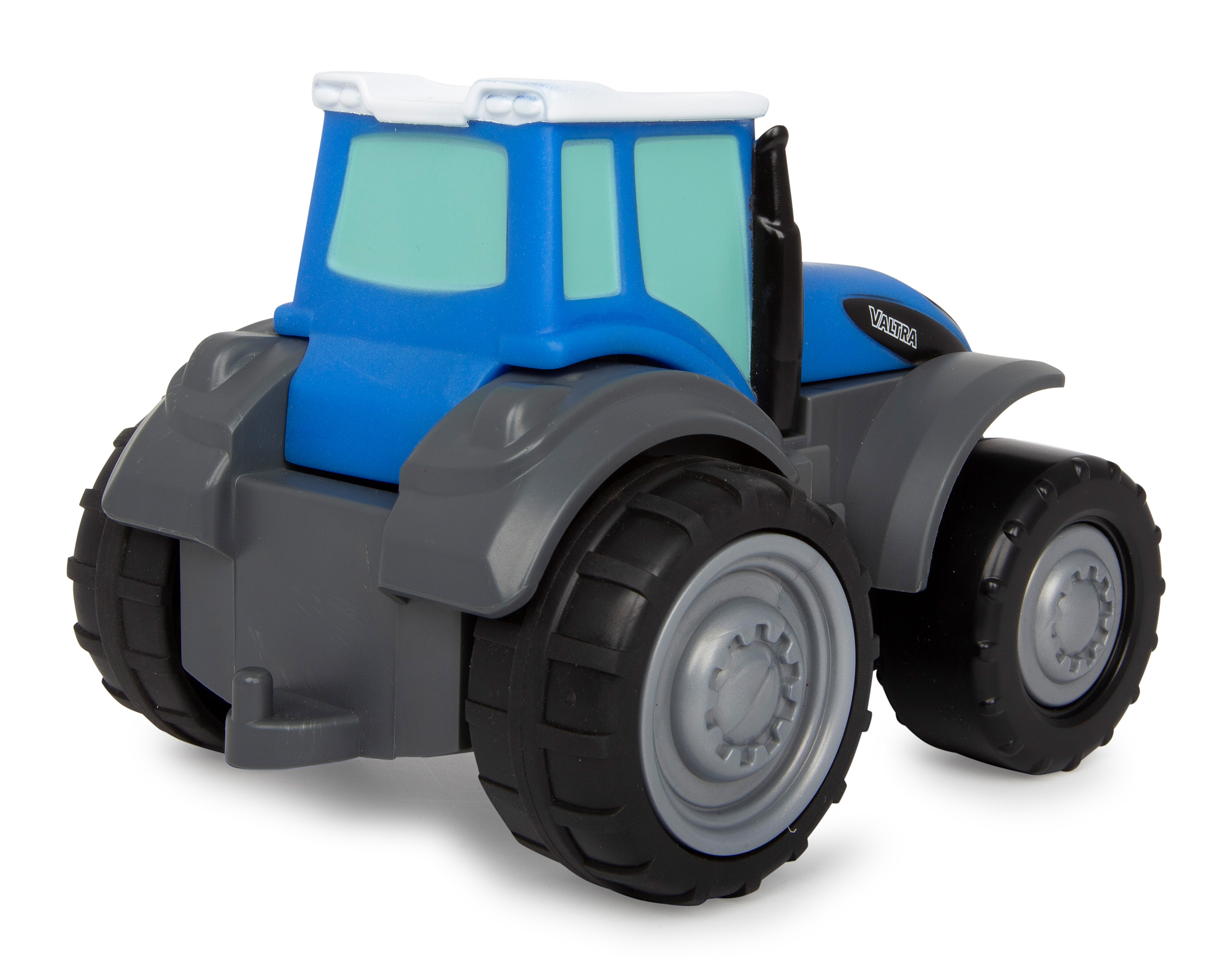 Blauer und grauer Spielzeugtraktor. Er hat große Räder und das Wort VALTRA an der Seite.