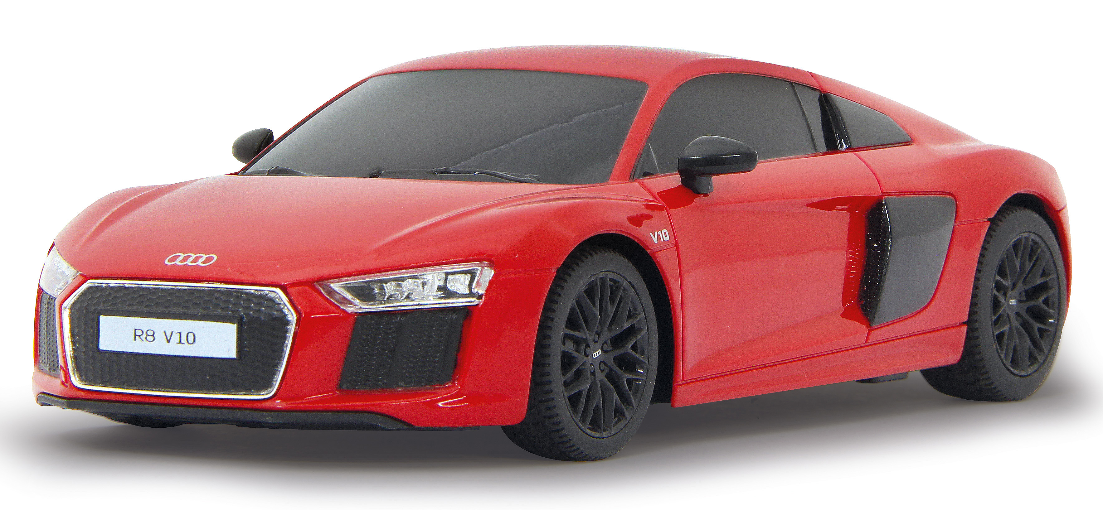 Coche de juguete Audi R8 rojo. Tiene ruedas negras y parrilla negra con R8 V10.