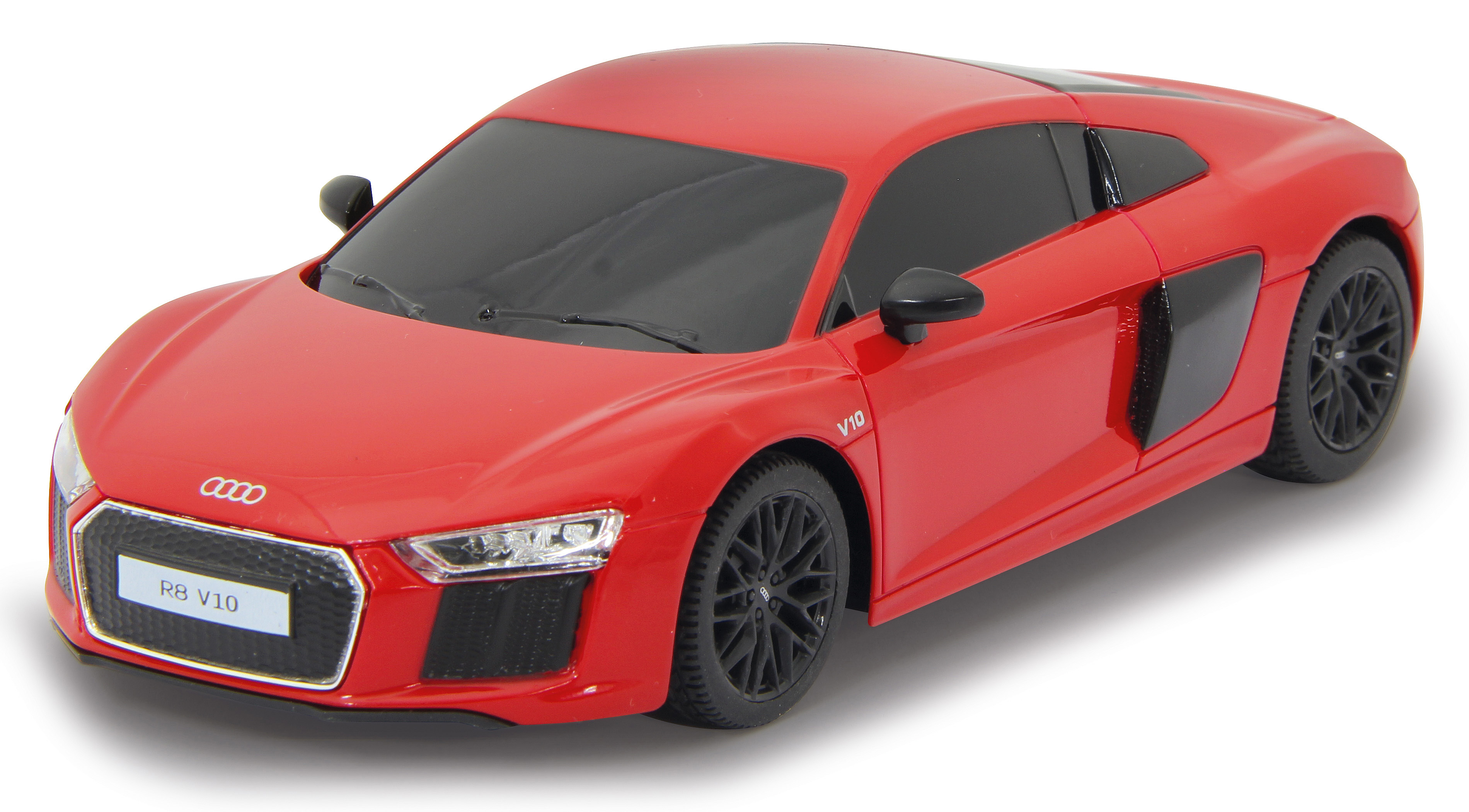 Un coche de juguete Audi R8 rojo con ruedas negras sobre fondo blanco.