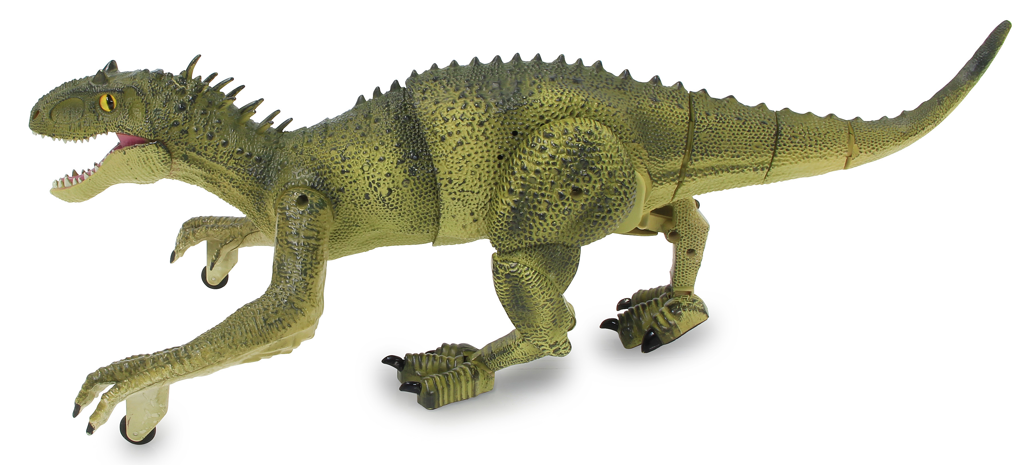 Grünes Dinosaurier-Spielzeug mit gelben Augen. Es hat einen langen Körper und Räder.