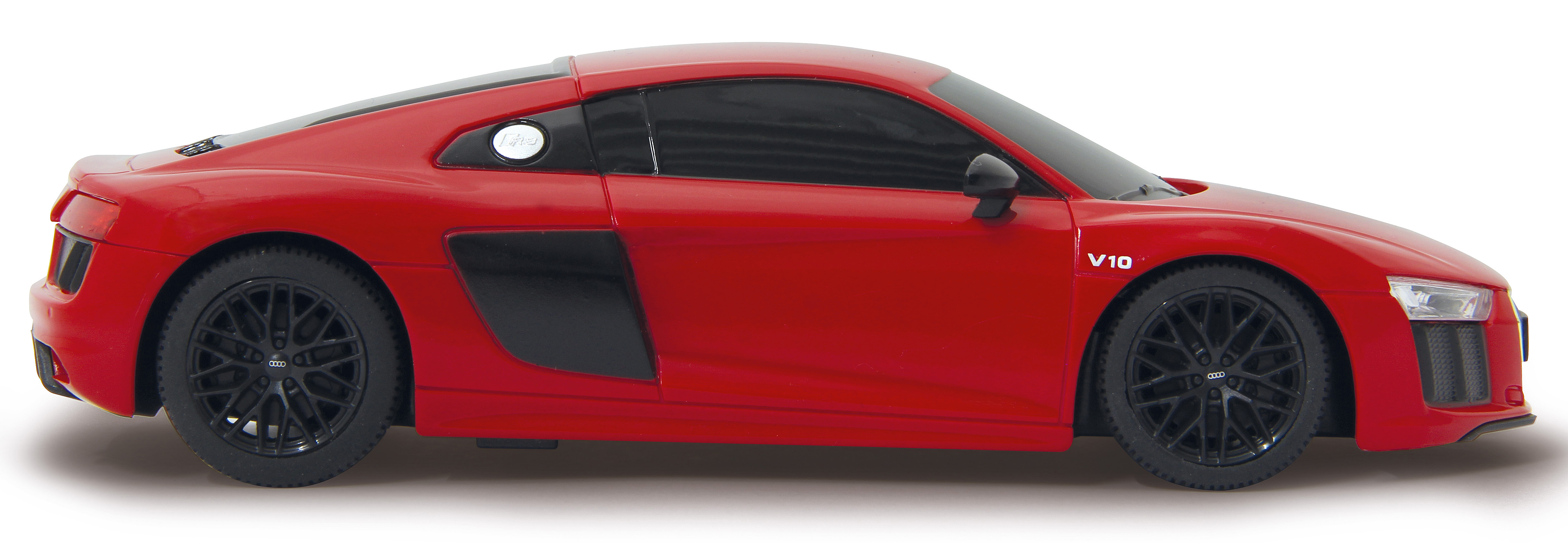 Coche de juguete Audi R8 rojo. Tiene ruedas negras y el logo V10.