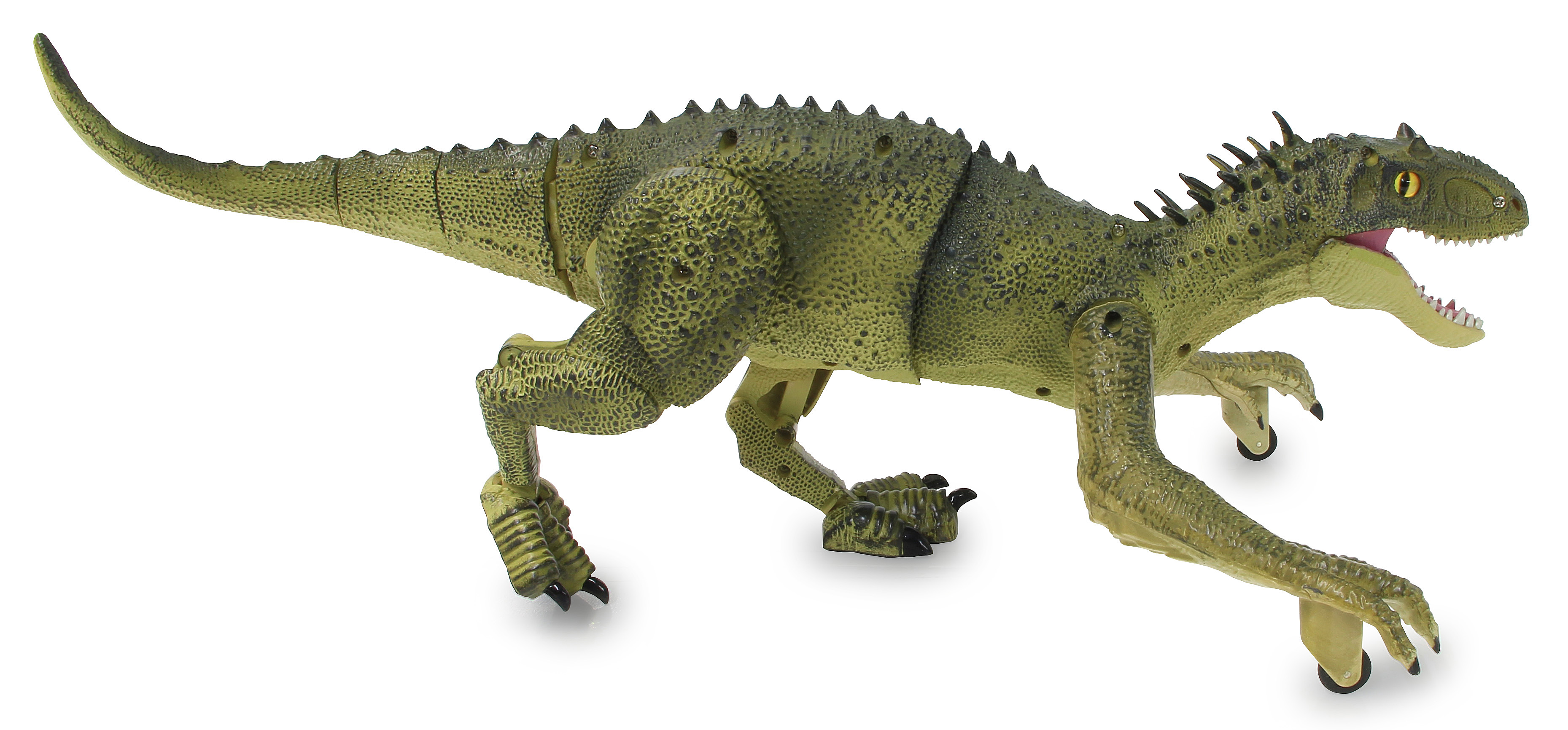 Ein grüner Spielzeug-Dinosaurier mit offenem Maul und Krallen.