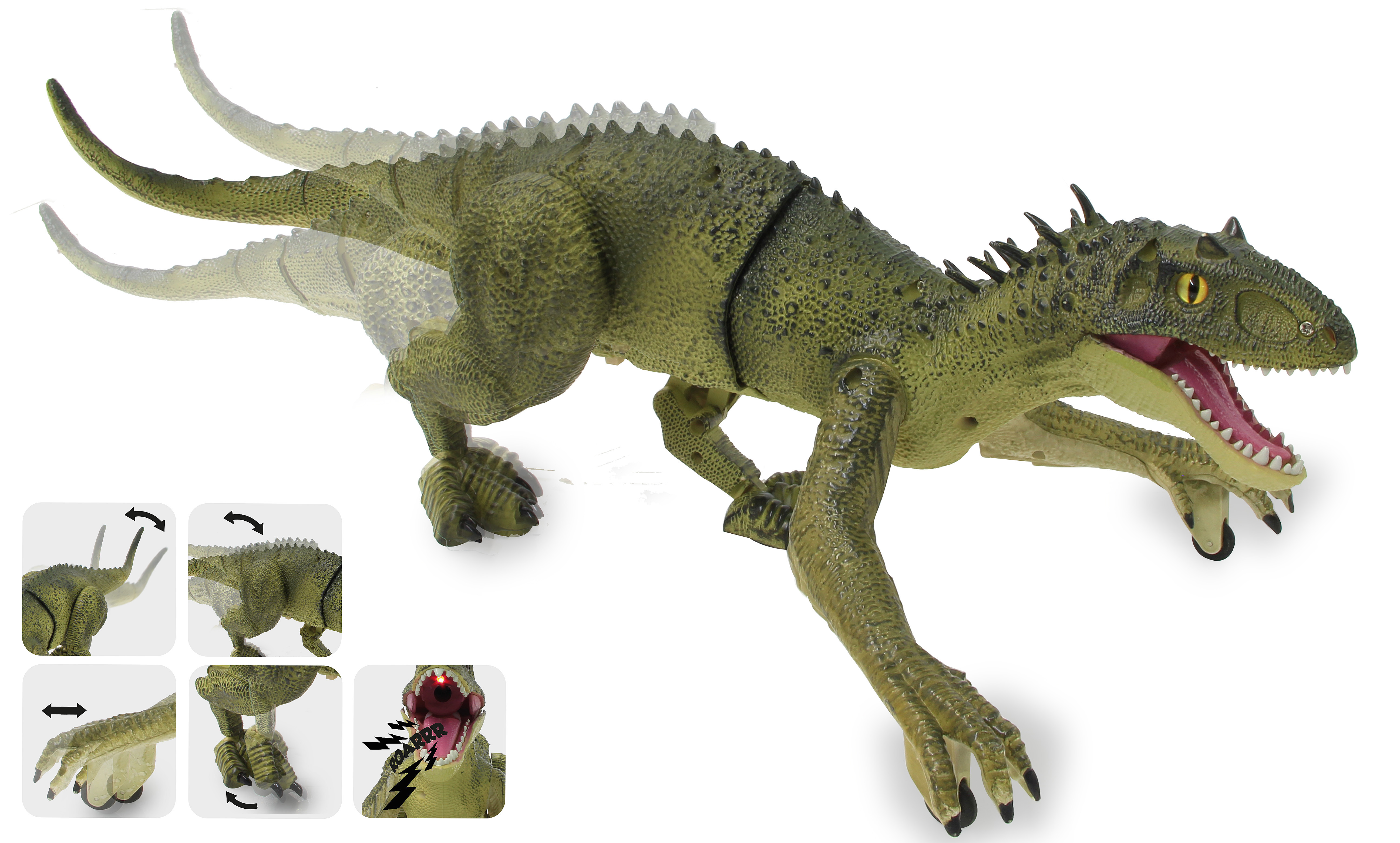 Grünes Dinosaurier-Spielzeug mit animierten Teilen. Es hat einen langen Körper.