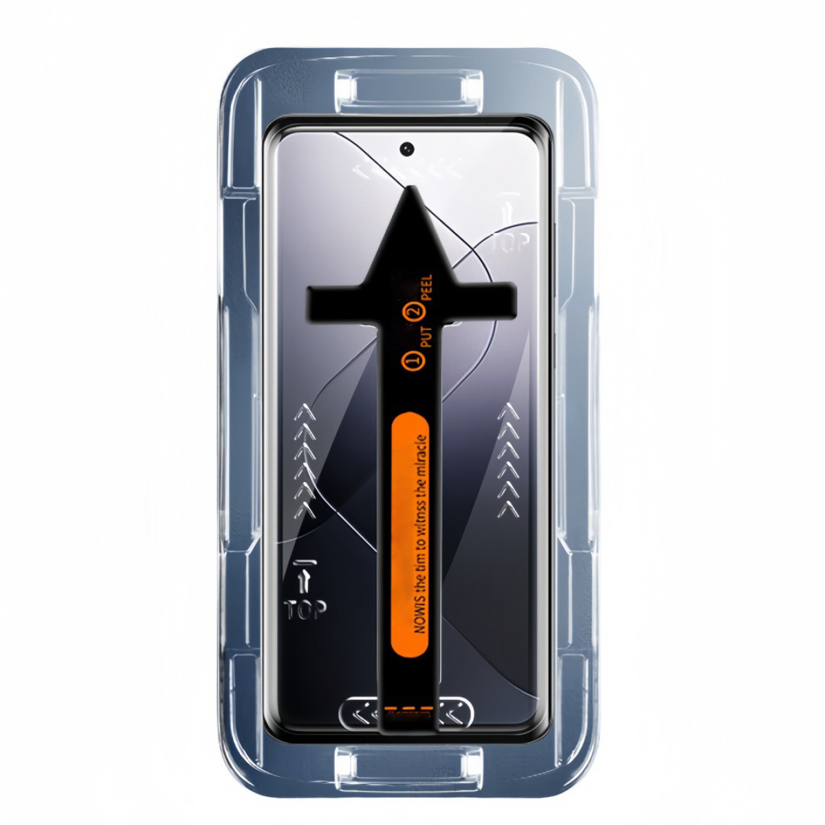 Uno smartphone con protezione schermo e guida all'installazione. La freccia indica la direzione.