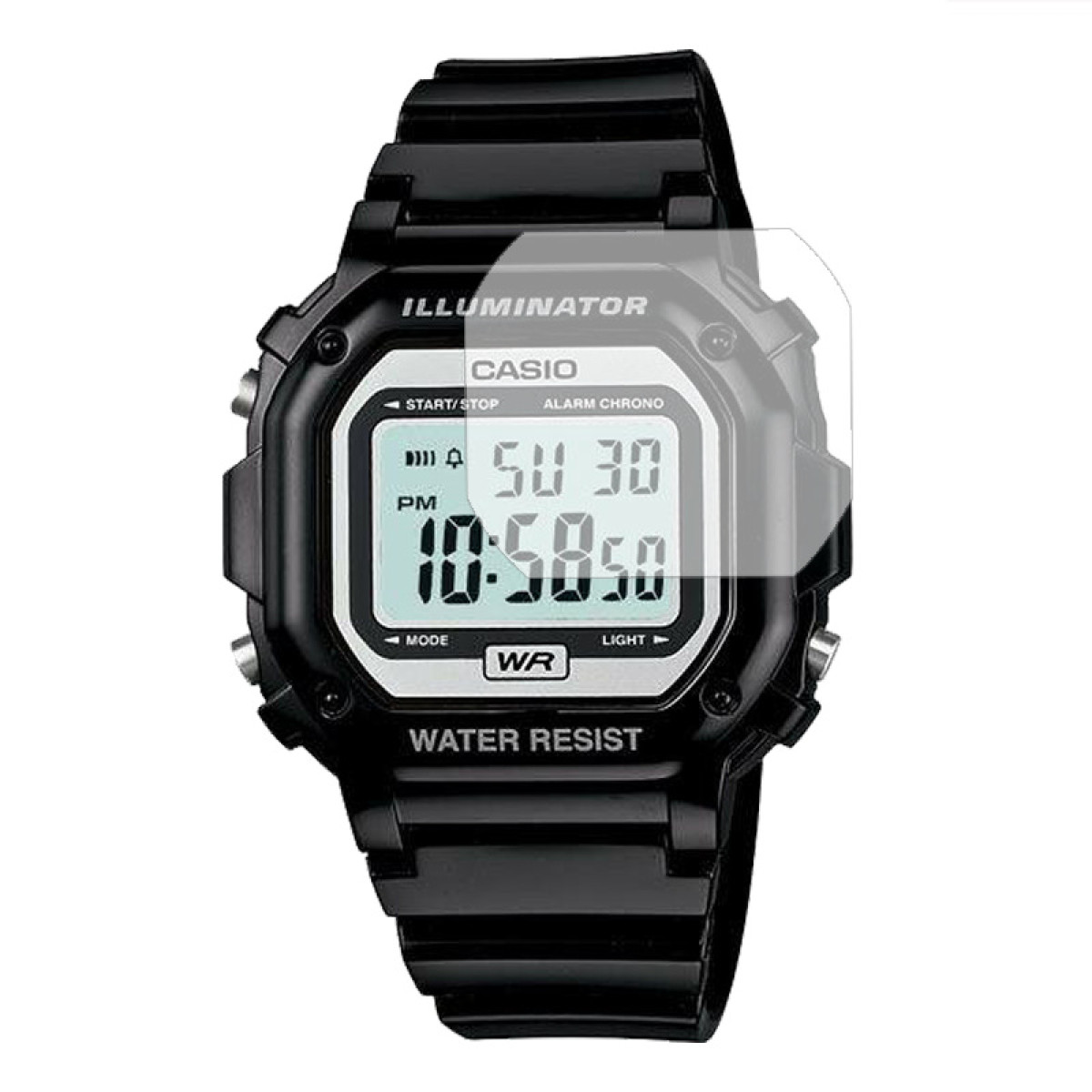 Un orologio digitale Casio nero con una protezione per lo schermo applicata.