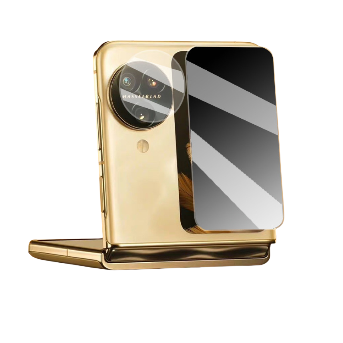 Un telefono dorato con una protezione schermo trasparente e un pannello a specchio. La fotocamera ha il logo Hasselblad.