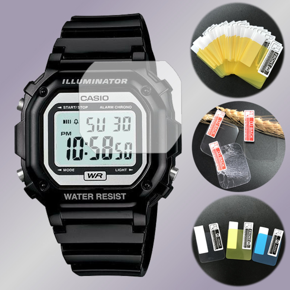 Orologio Casio nero con protezione schermo e protezioni aggiuntive. Mostra l'ora.