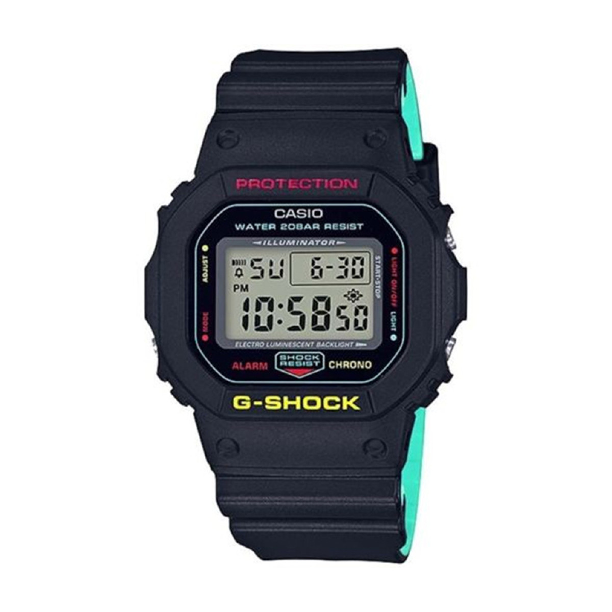 Orologio G-Shock nero con display digitale. L'orologio ha un cinturino nero con dettagli turchesi.