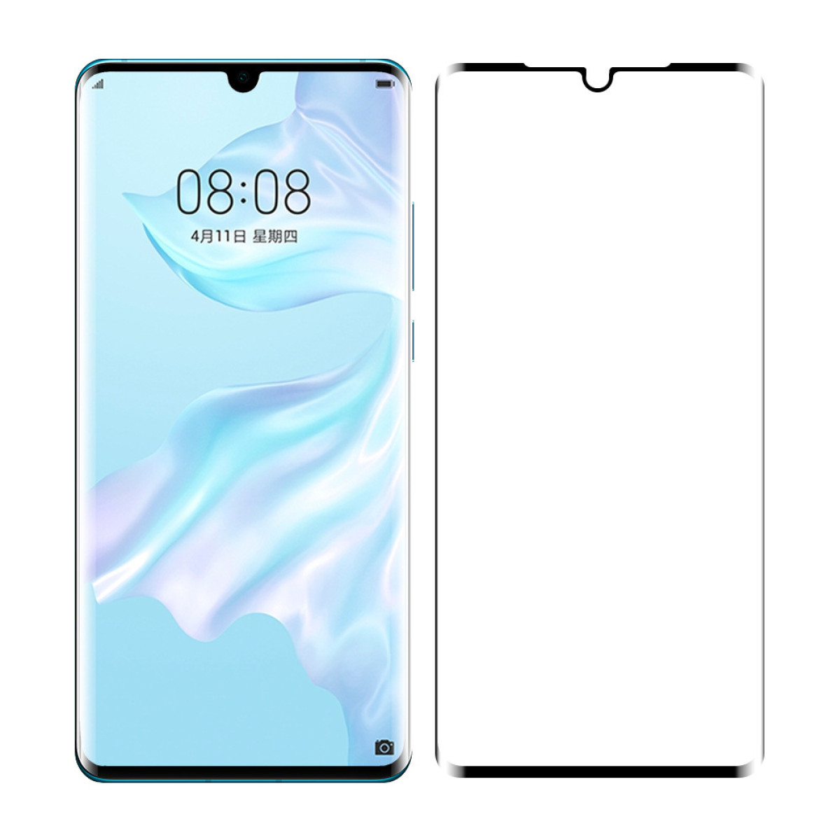 Schermo dello smartphone e protezione schermo. Il telefono mostra l'ora e la data. La protezione è trasparente e posizionata accanto.