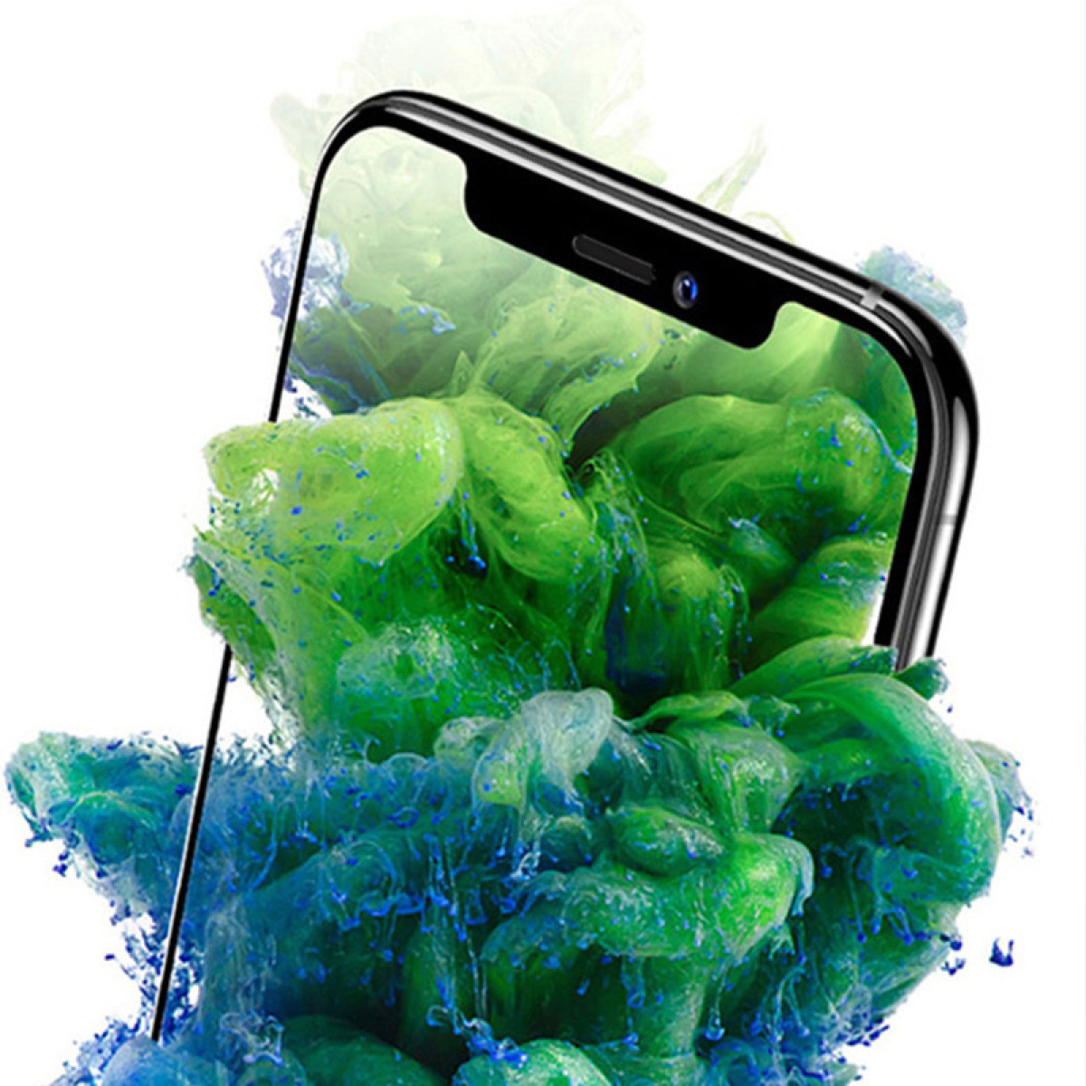 Ein Telefon mit Displayschutz, umgeben von grüner und blauer Tinte. Das Telefon ist schwarz mit glänzendem Bildschirm.