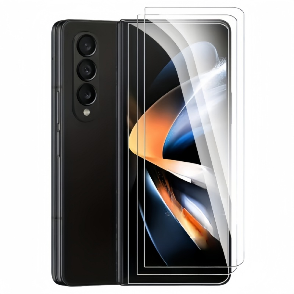 Un telefono pieghevole nero con protezioni schermo. Il telefono è chiuso. Tre fotocamere sono visibili sul retro.