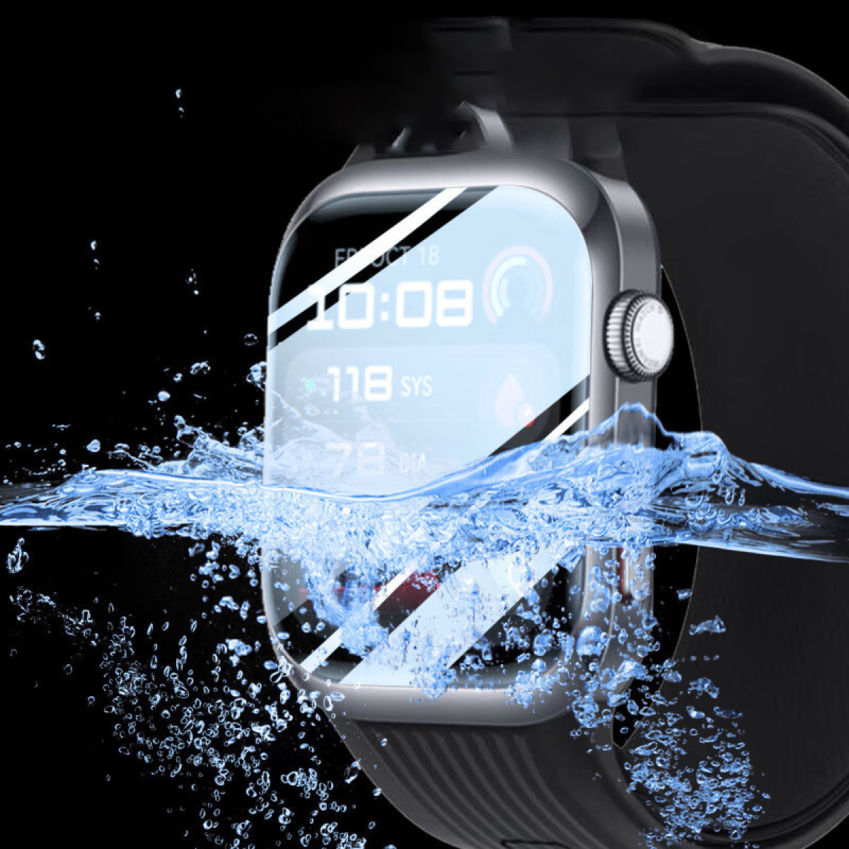 Smartwatch immerso nell'acqua. Lo schermo mostra metriche di salute. Gocce d'acqua visibili.