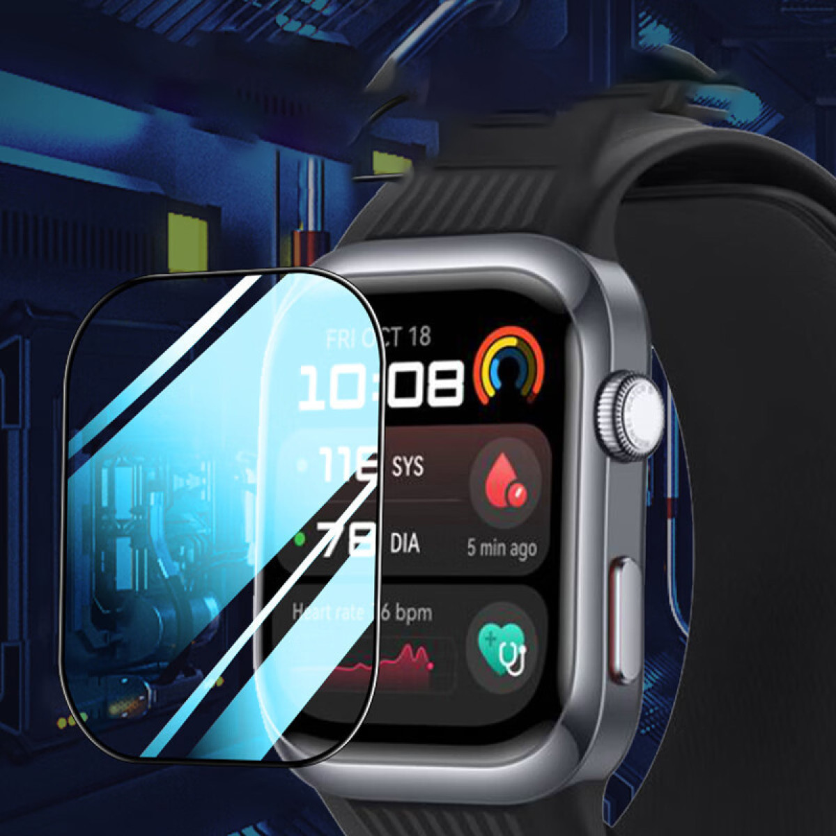 Smartwatch nero con protezione schermo. Lo schermo mostra dati sanitari e ora. L'orologio è su una superficie scura.