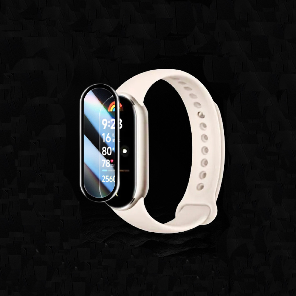 Smart band con protezione schermo, che mostra ora e dati fitness, su sfondo nero.