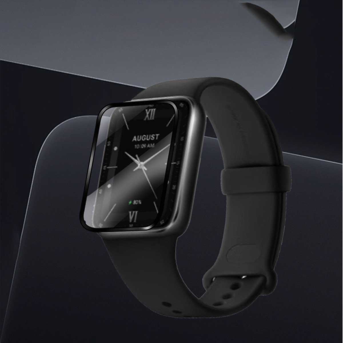 Uno smartwatch nero con schermo rettangolare che mostra l'ora, con cinturino nero.