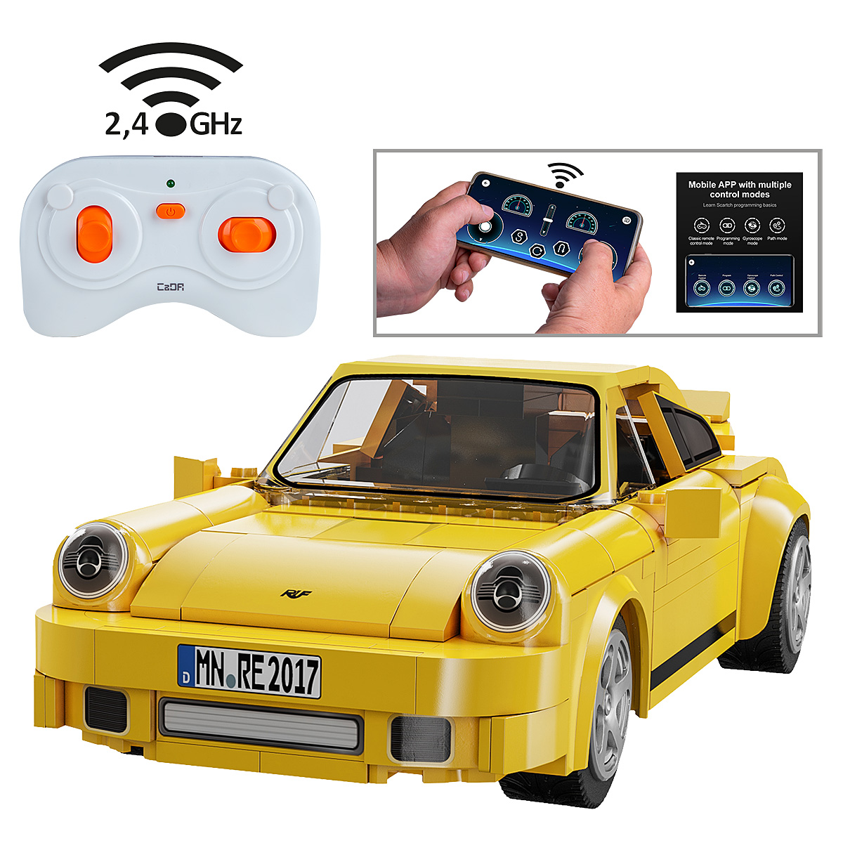 Ein gelbes Spielzeugauto und eine Fernbedienung werden vor einem weißen Hintergrund angezeigt.