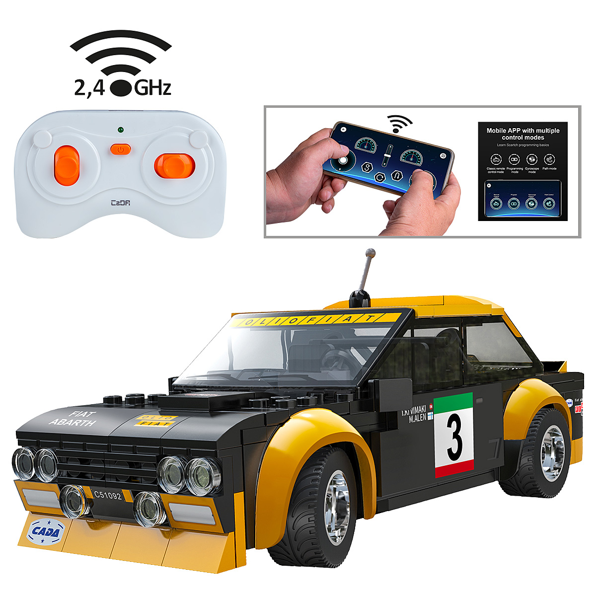 Ein Spielzeug-Fiat Abarth und eine Fernbedienung werden vor einem weißen Hintergrund angezeigt.