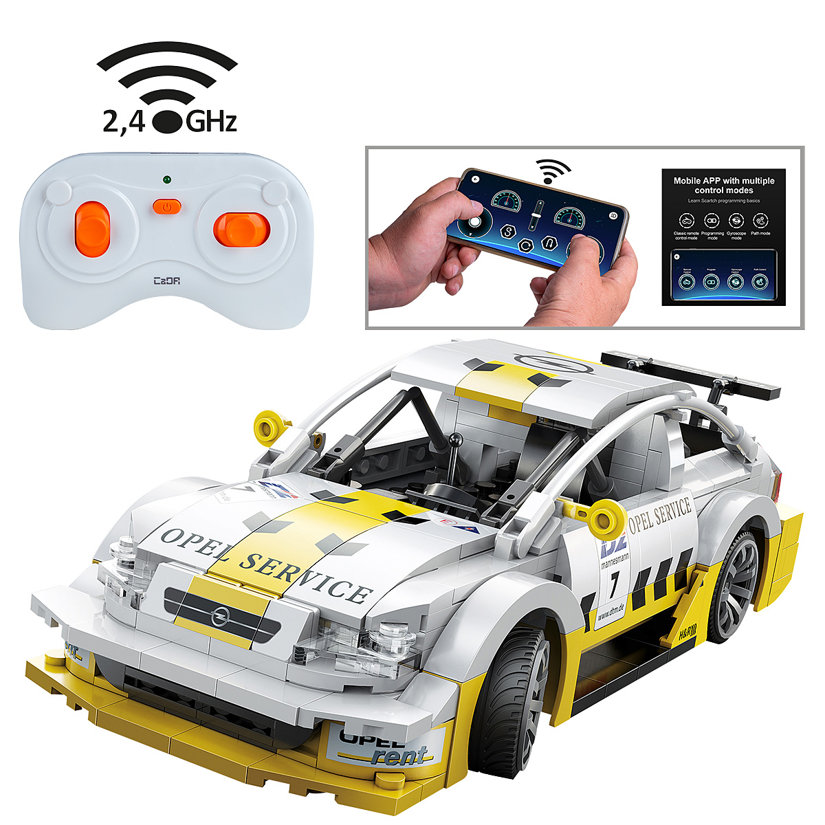 Ein Opel Service-Spielzeugauto mit Fernbedienung wird vor einem weißen Hintergrund angezeigt.