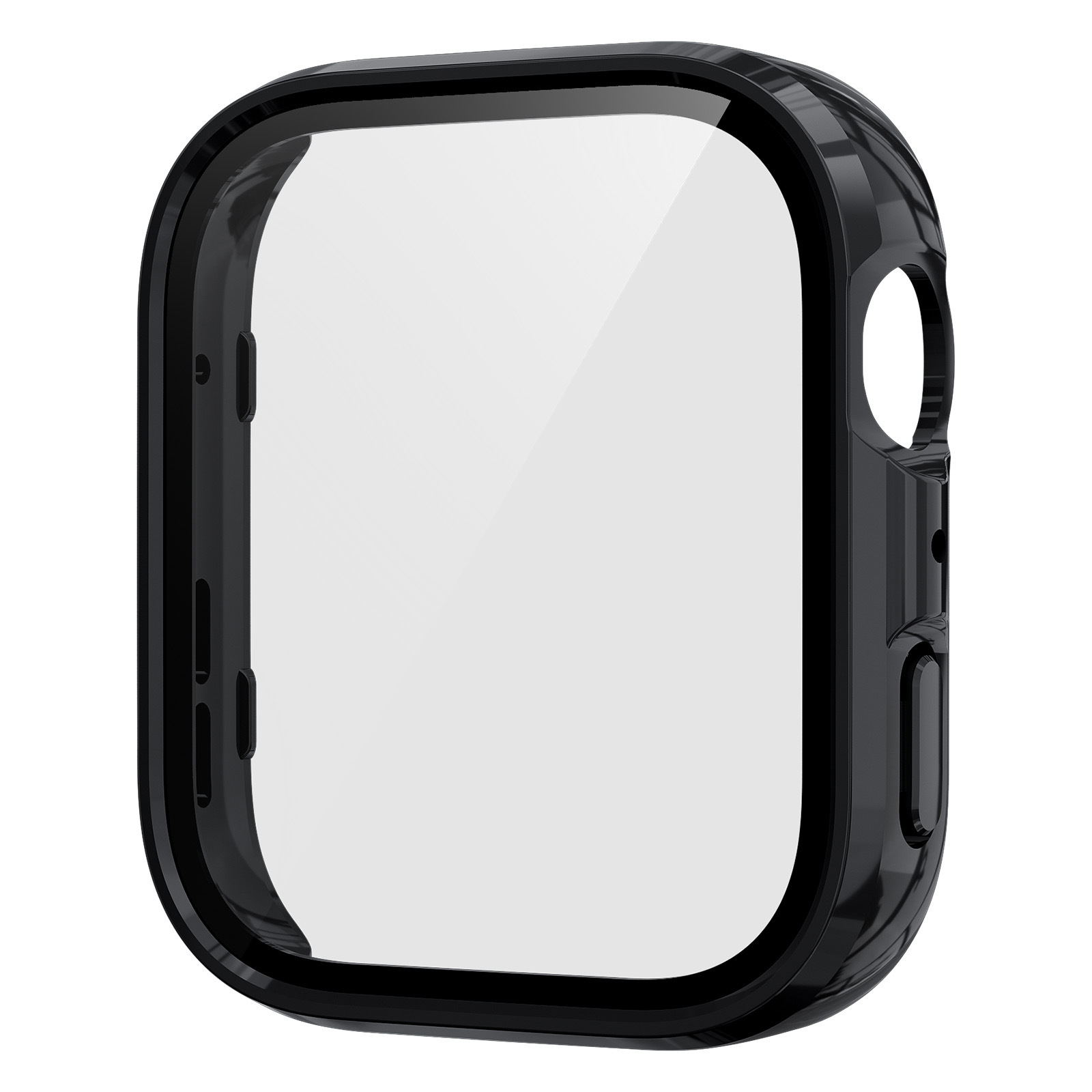 Una custodia protettiva nera per un Apple Watch è visualizzata su uno sfondo bianco.