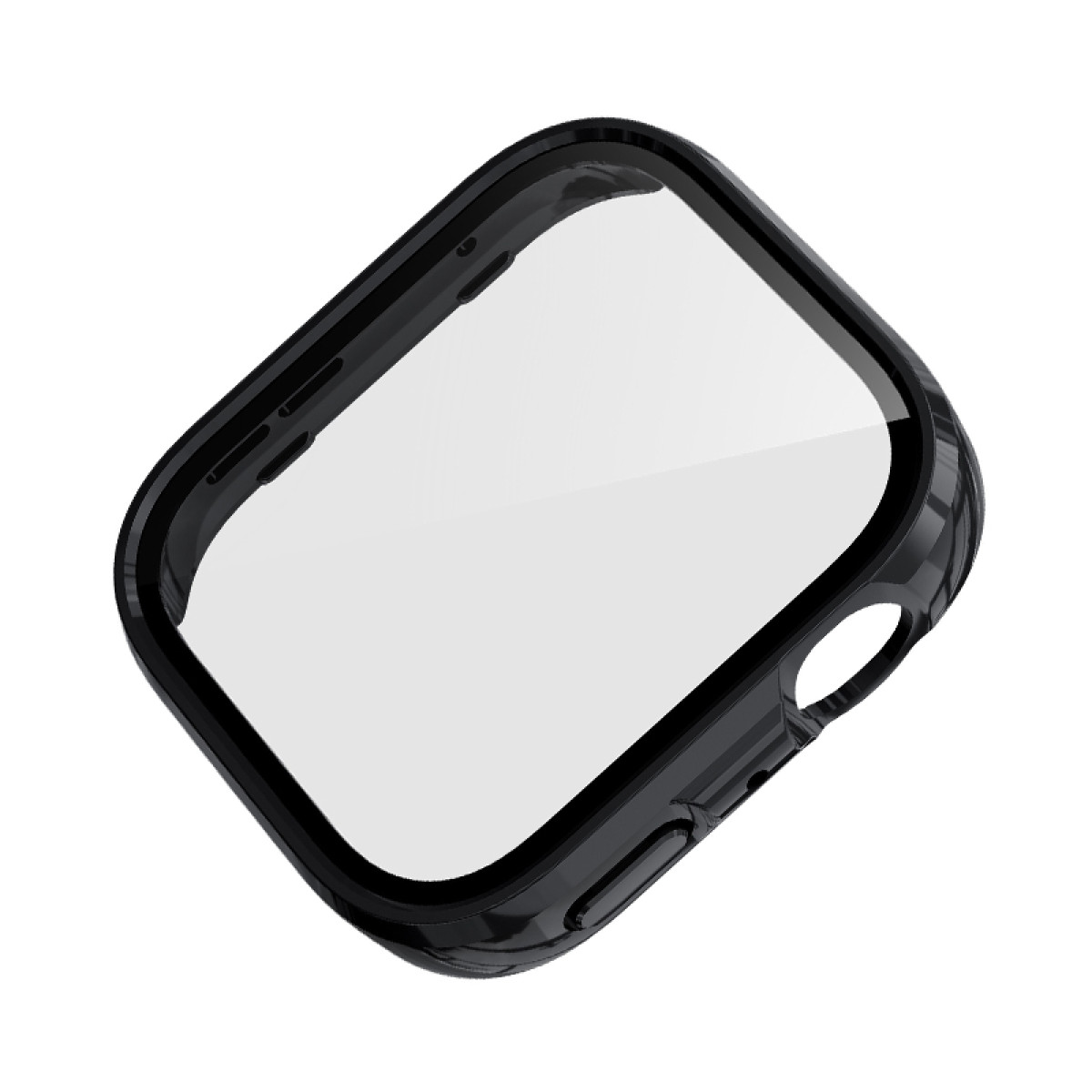Cassa dell'orologio nera con protezione schermo trasparente. Vista angolata. Sfondo bianco.