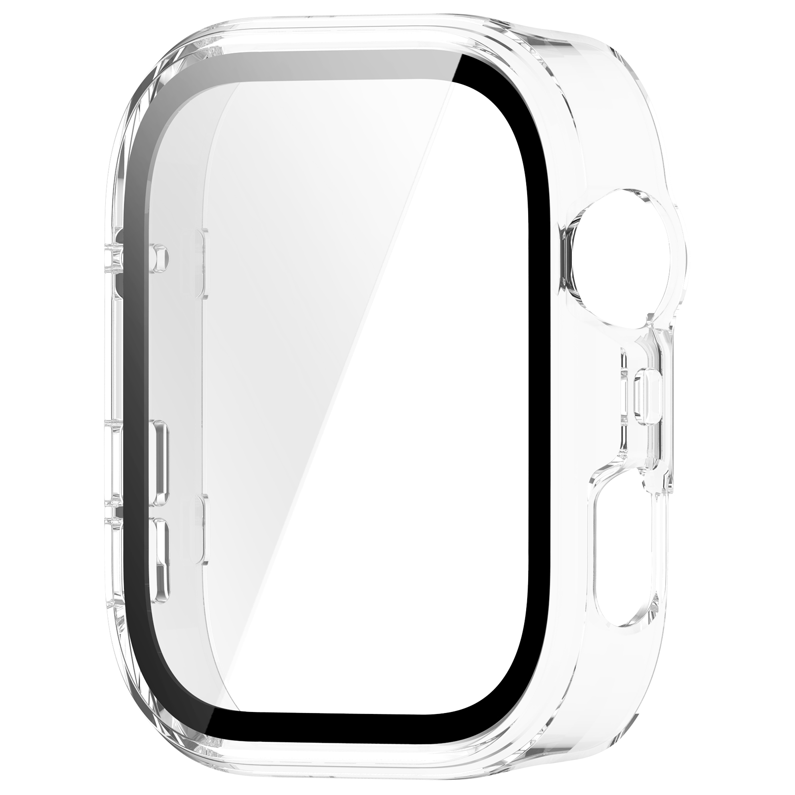 Transparente Schutzhülle für eine Smartwatch. Schwarzer Rand umgibt den transparenten Displayschutz.