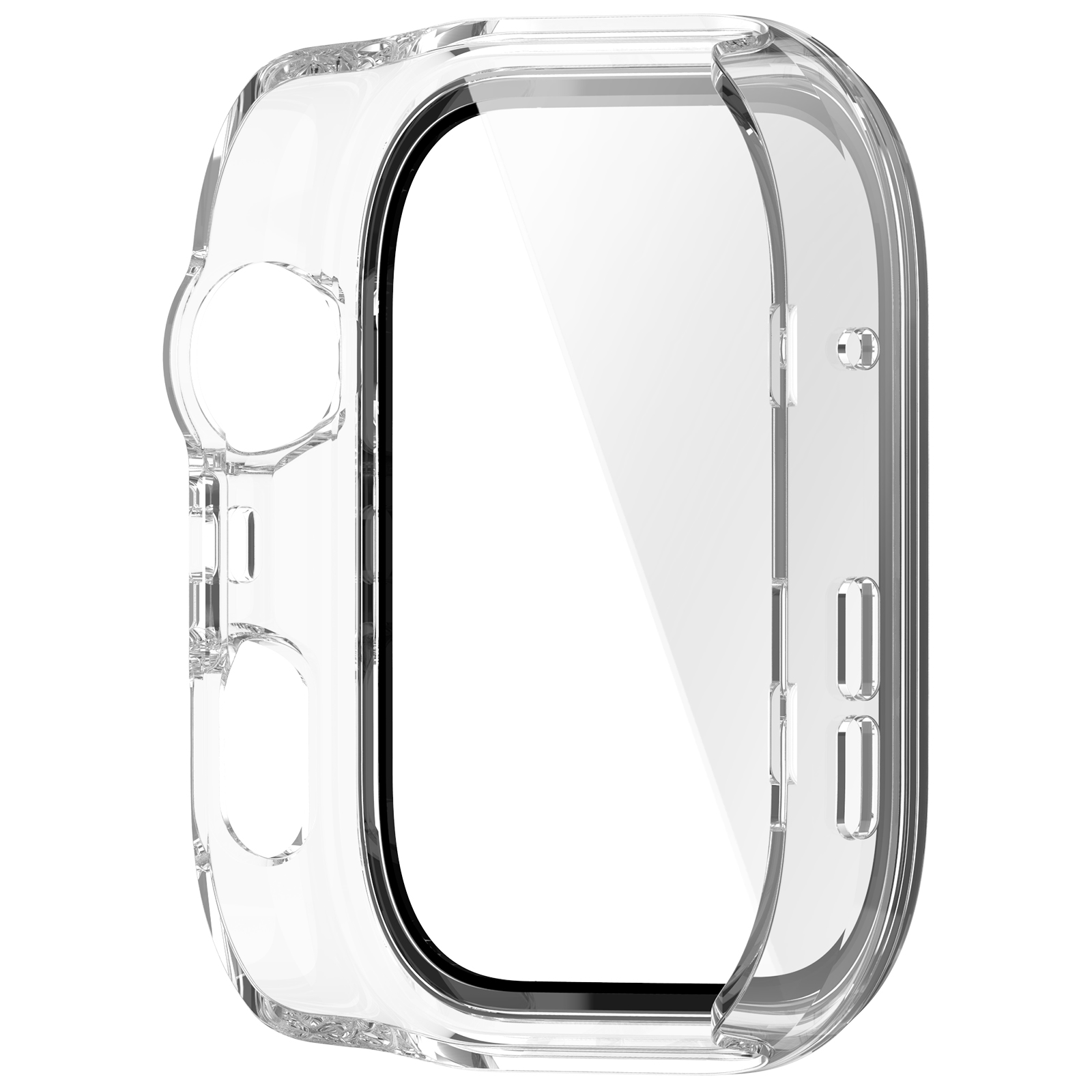 Ein transparentes Uhrengehäuse. Es hat eine klare Displayschutzfolie. Das Gehäuse hat ein gebogenes Design mit Aussparungen für Tasten.