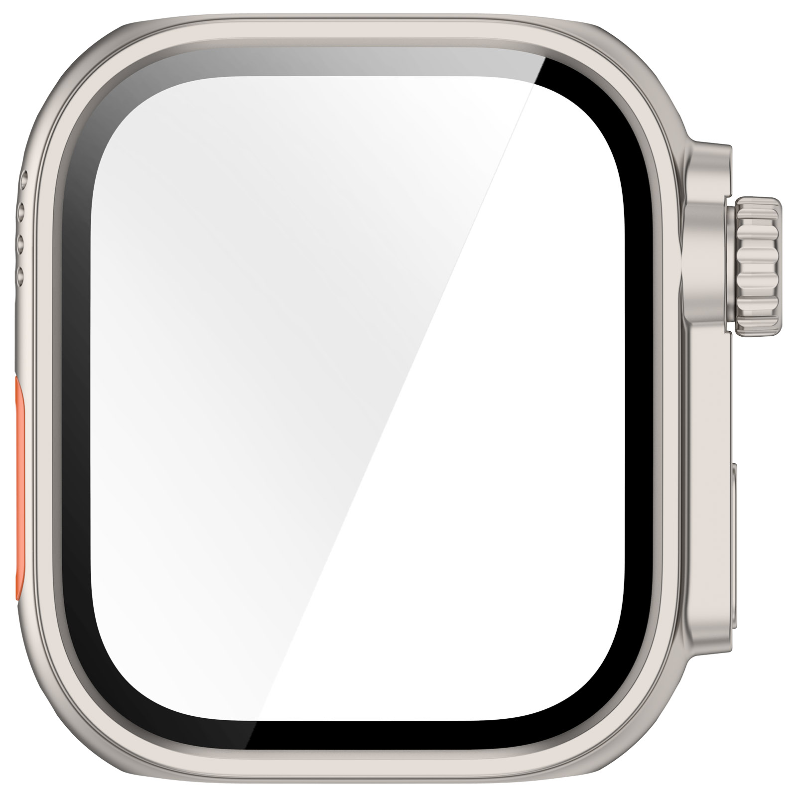 Silbernes Uhrengehäuse mit einer klaren Displayschutzfolie. Es hat einen orangefarbenen Knopf an der Seite und ein weißes Display.