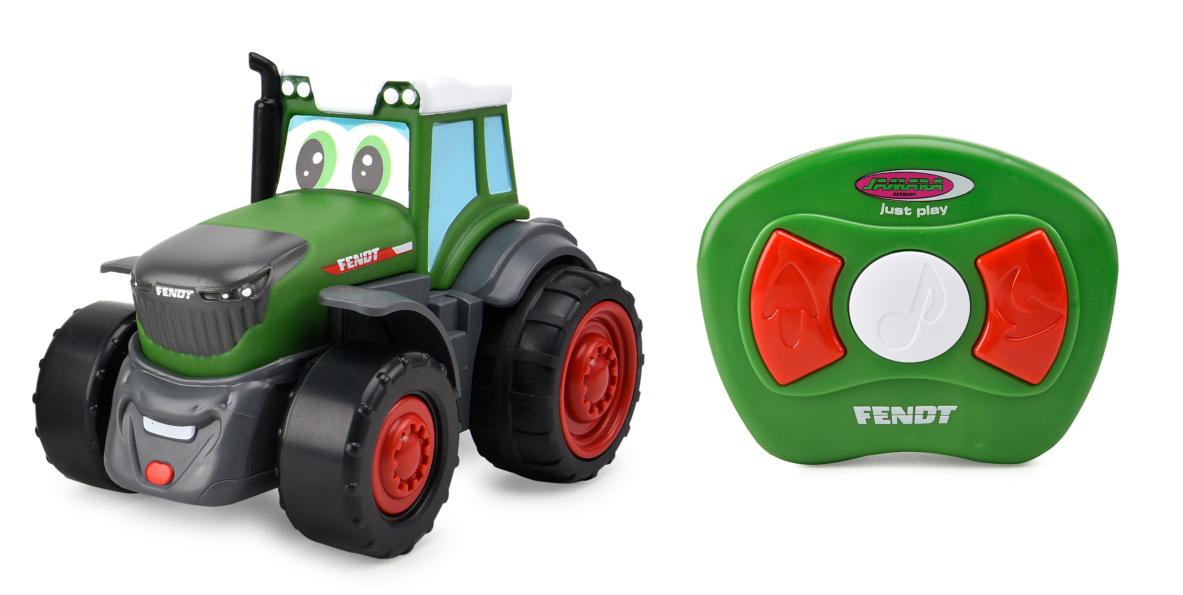 Grüner Spielzeugtraktor mit freundlichem Gesicht und Fernbedienung. Der Traktor ist von der Marke Fendt.