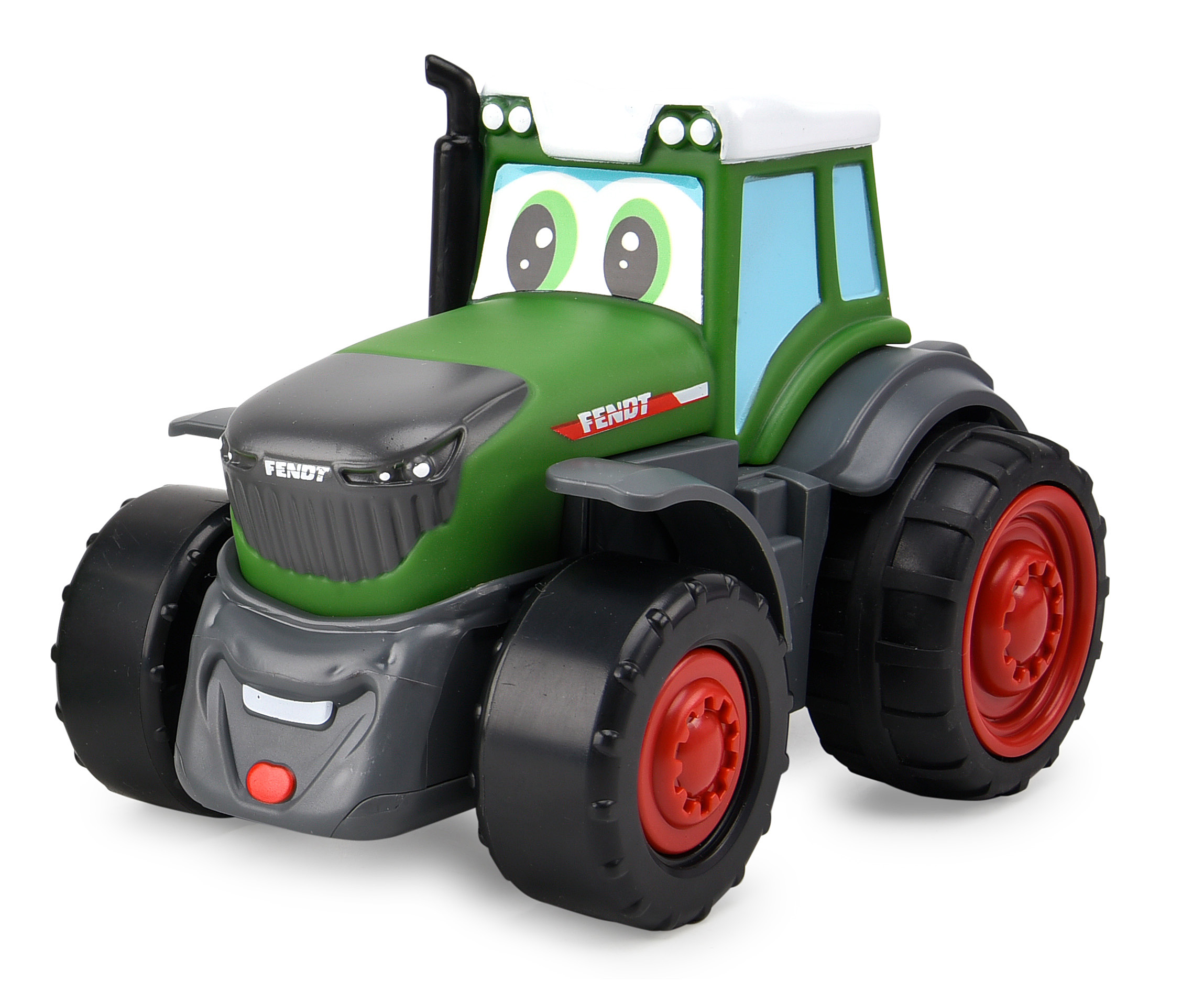 Grüner Spielzeugtraktor mit großen Augen und einem lächelnden Gesicht. Der Traktor hat schwarze Reifen und rote Räder. Er trägt 'FENDT'.