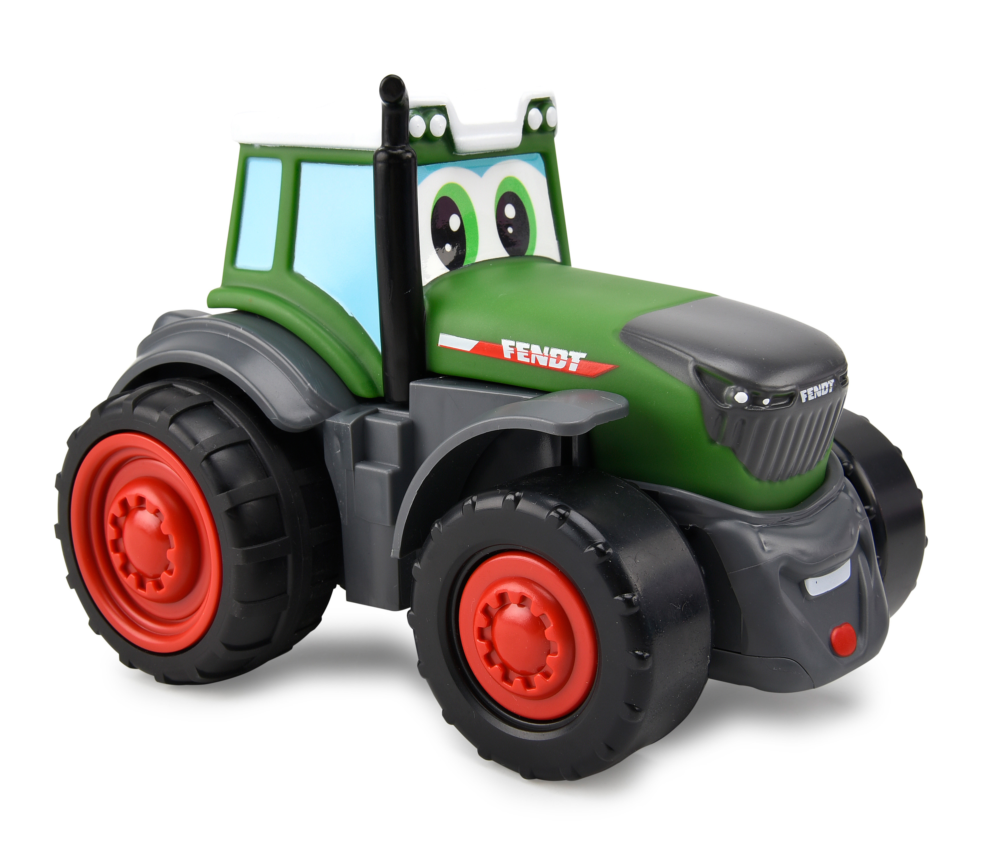 Grüner Spielzeugtraktor mit großen Augen und einem lächelnden Gesicht. Er hat schwarze Reifen und rote Räder. Mit 'FENDT'.