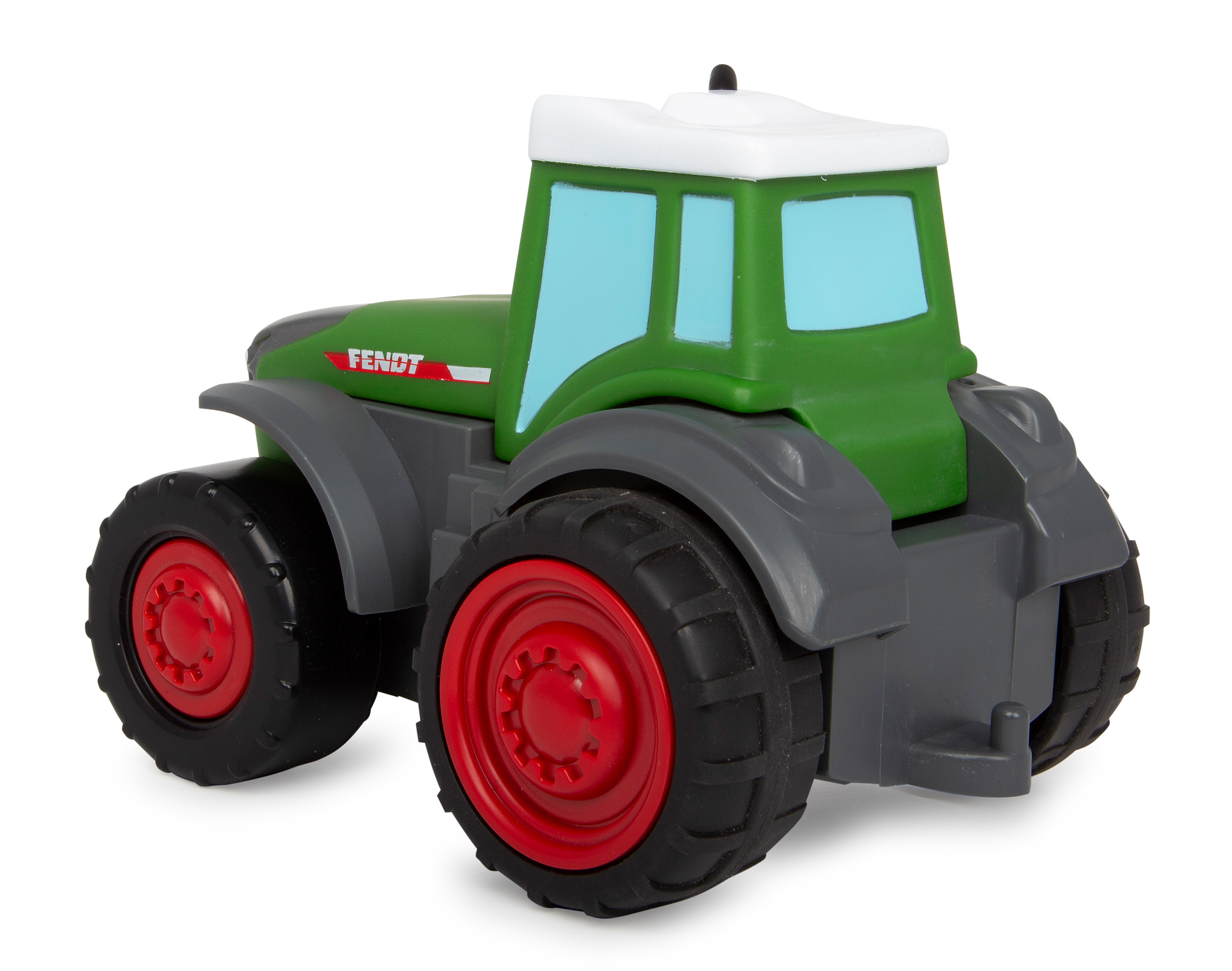Grüner Spielzeugtraktor mit roten Rädern und weißem Dach. Marke FENDT.