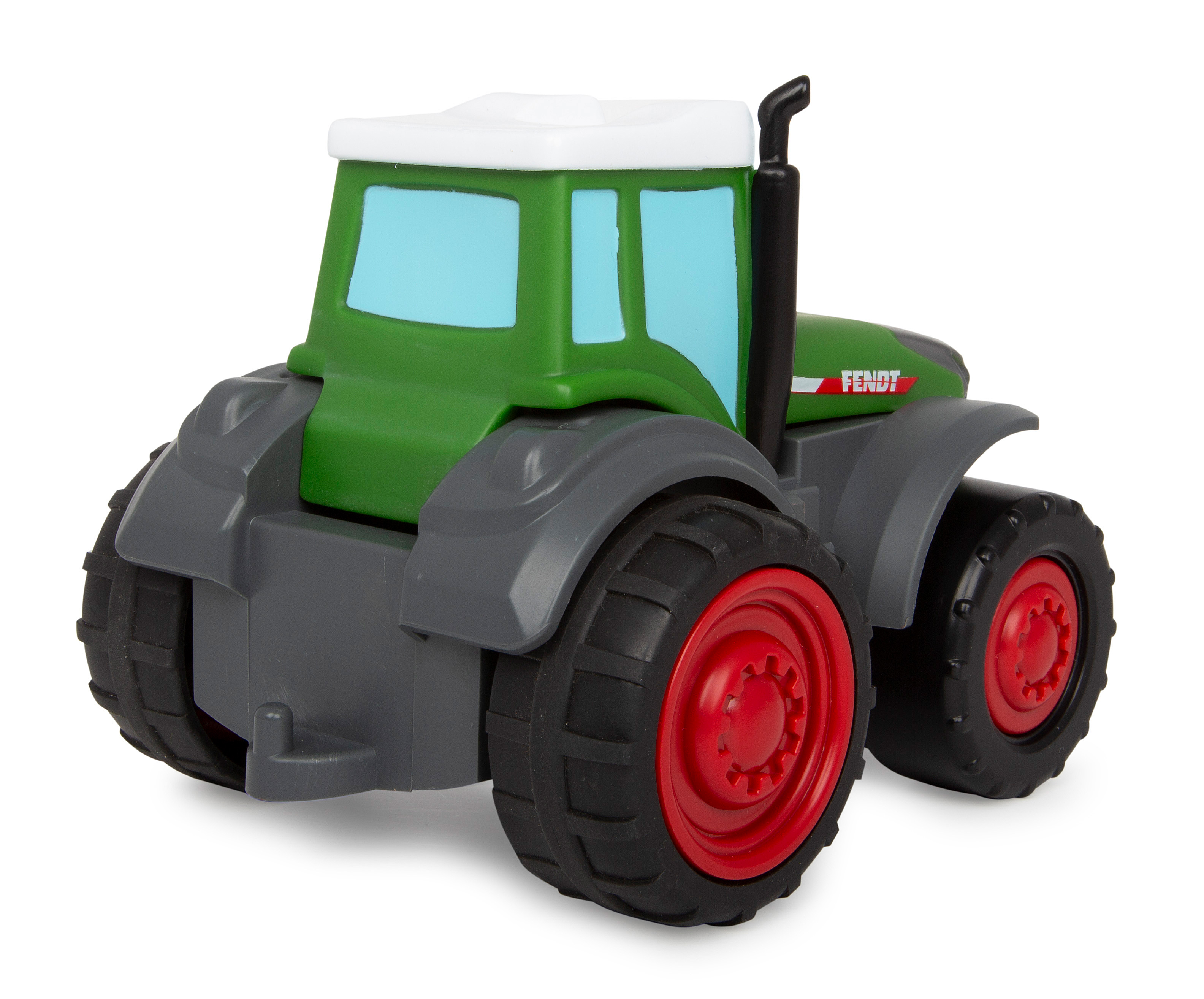 Grüner Spielzeugtraktor mit Fendt-Logo, grauem Körper und roten Rädern.