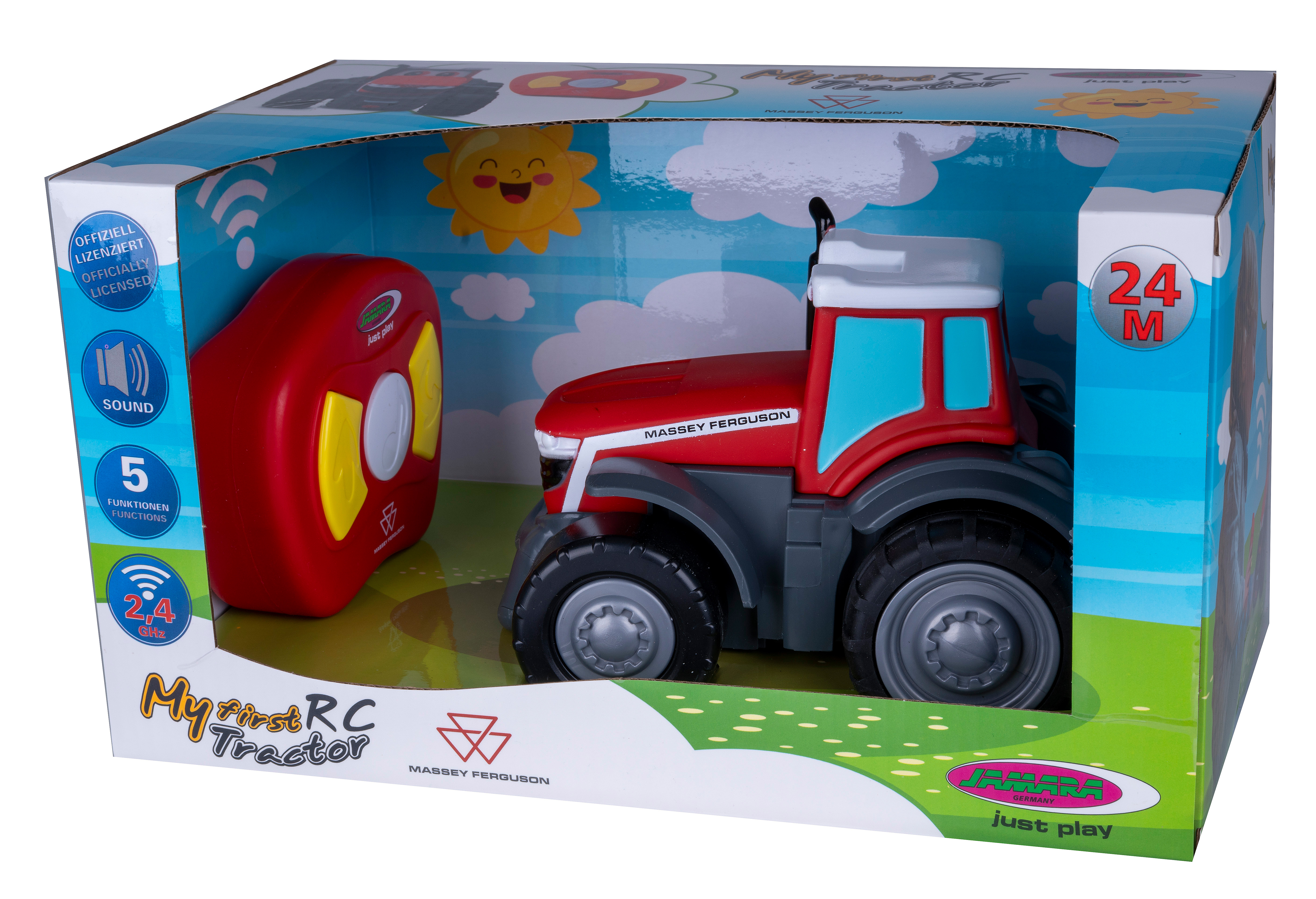 Spielzeugtraktor in einer Box mit roter Fernbedienung. Der Traktor ist rot und grau.