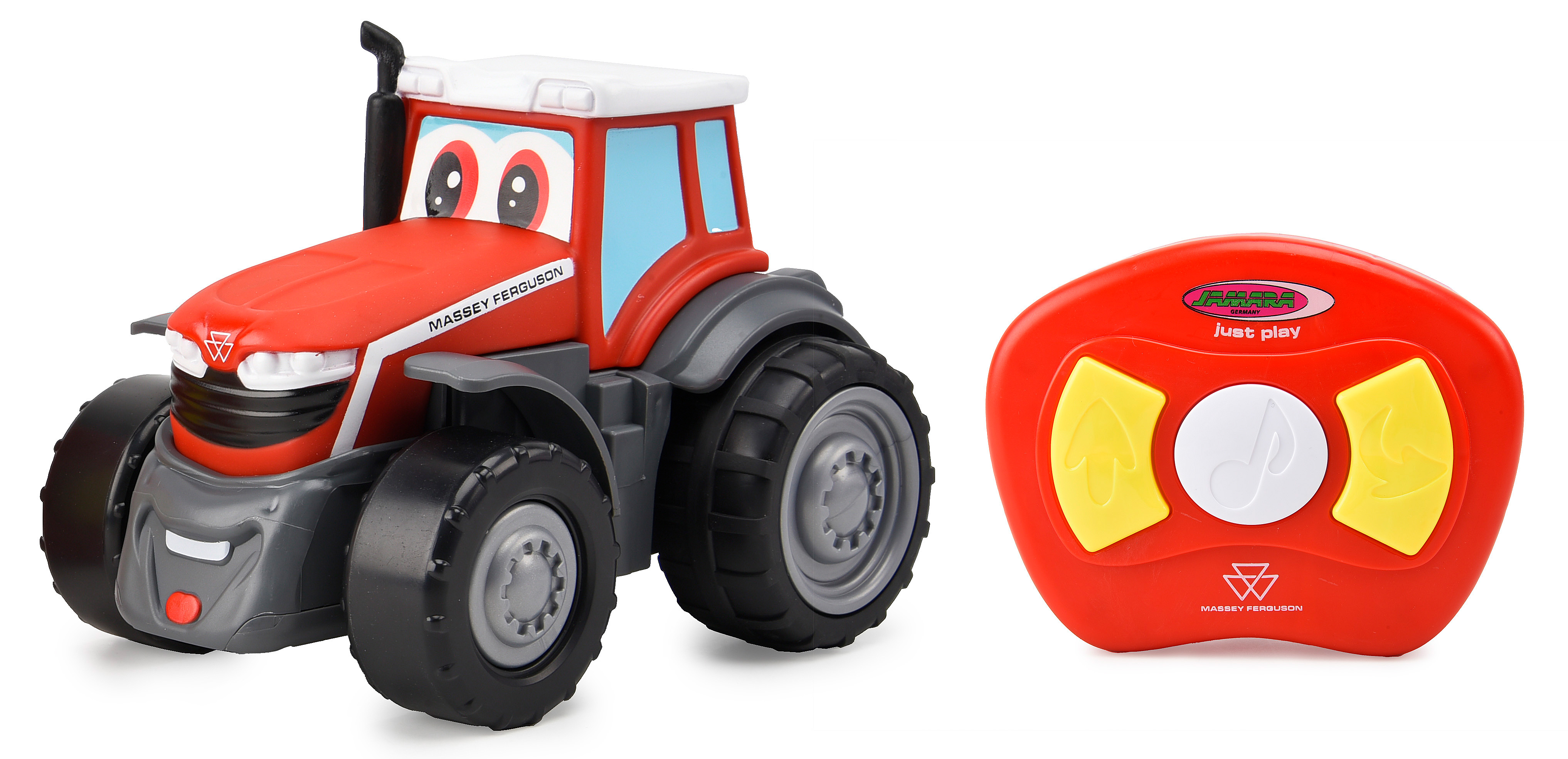 Roter Spielzeugtraktor mit Fernbedienung. Der Traktor hat ein lächelndes Gesicht.
