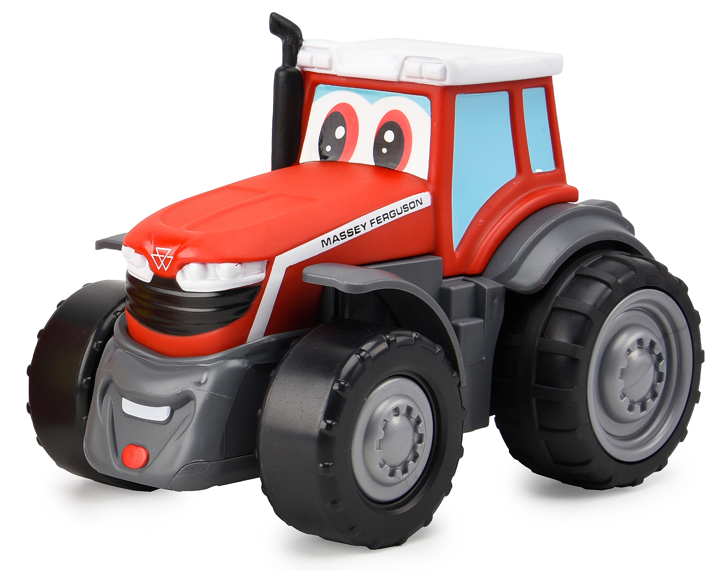 Roter Massey Ferguson Spielzeugtraktor mit einem Smiley-Gesicht. Er hat graue Teile und schwarze Räder.