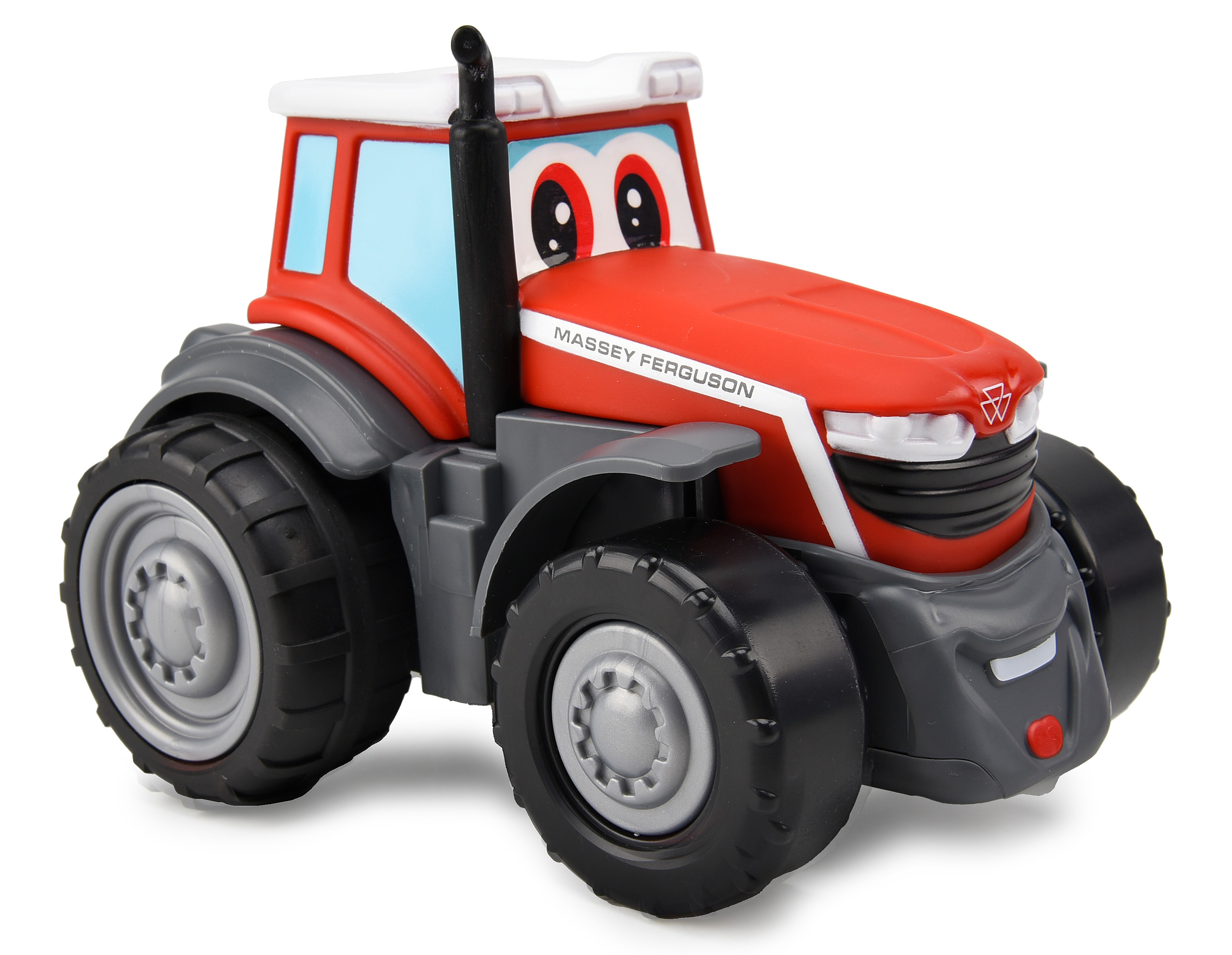 Roter und grauer Spielzeugtraktor mit Massey Ferguson Logo und Cartoon-Augen.