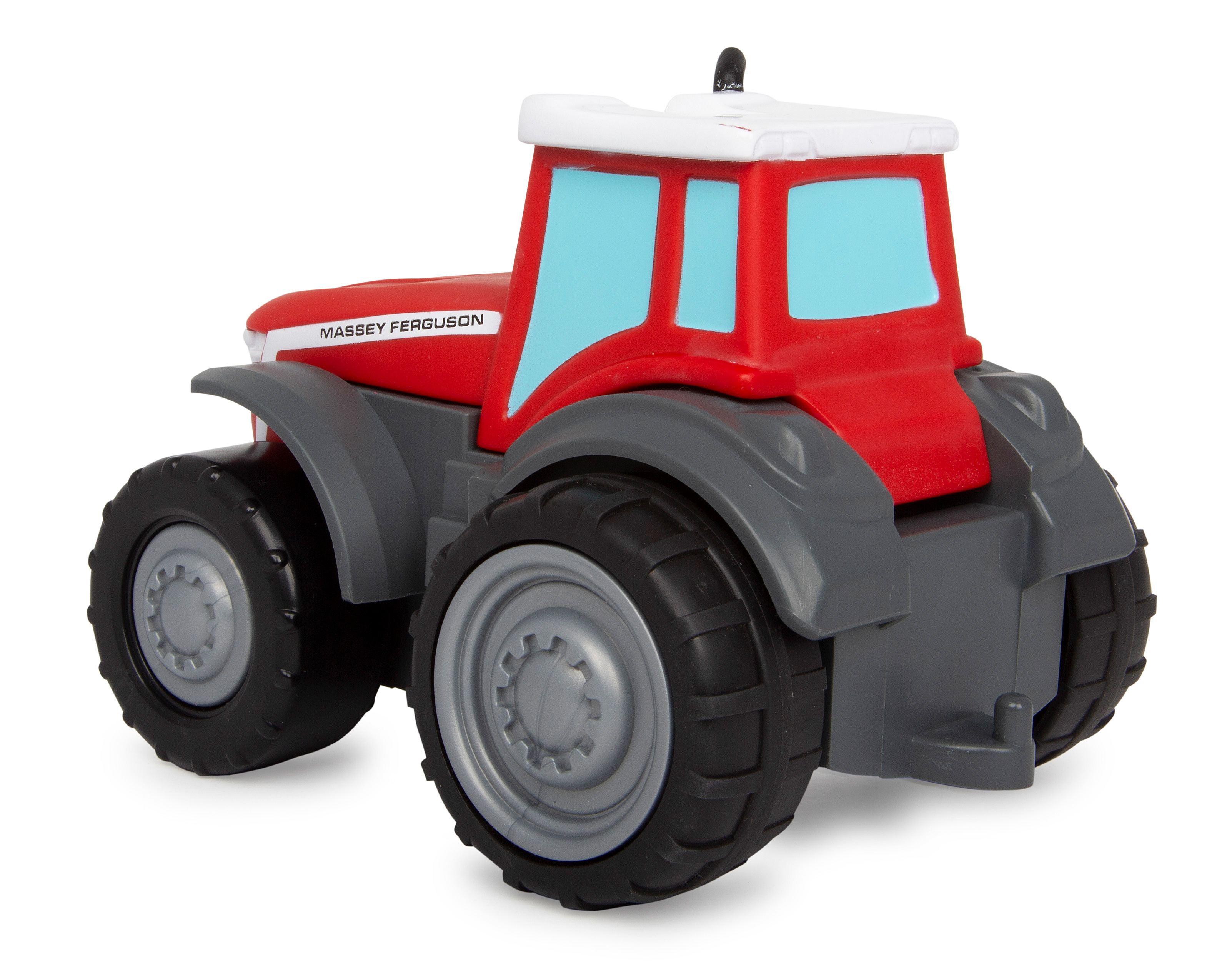 Roter Spielzeugtraktor mit grauen Akzenten und weißem Dach. Massey Ferguson.