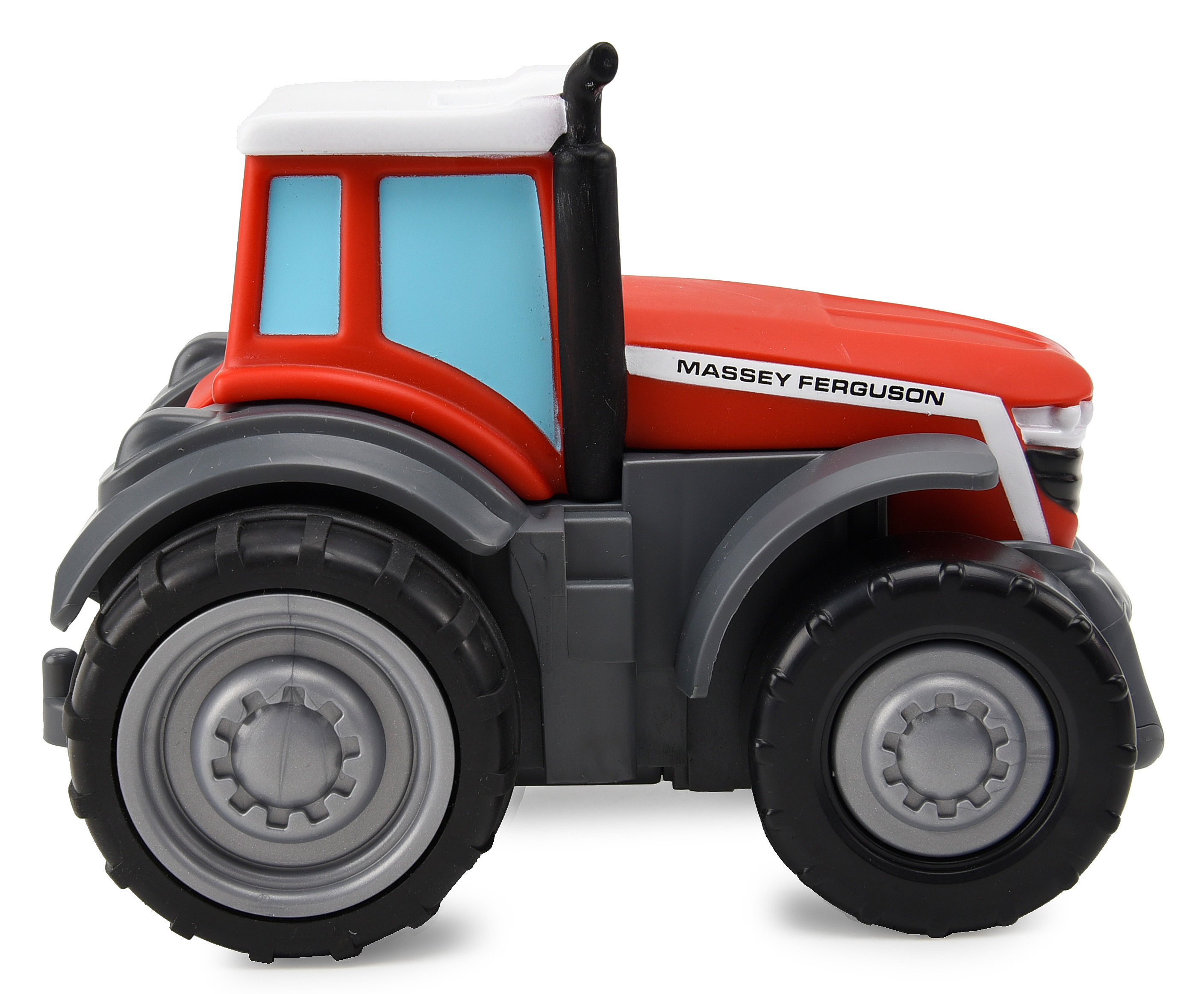 Roter und grauer Spielzeugtraktor mit Massey Ferguson Logo, Seitenansicht.
