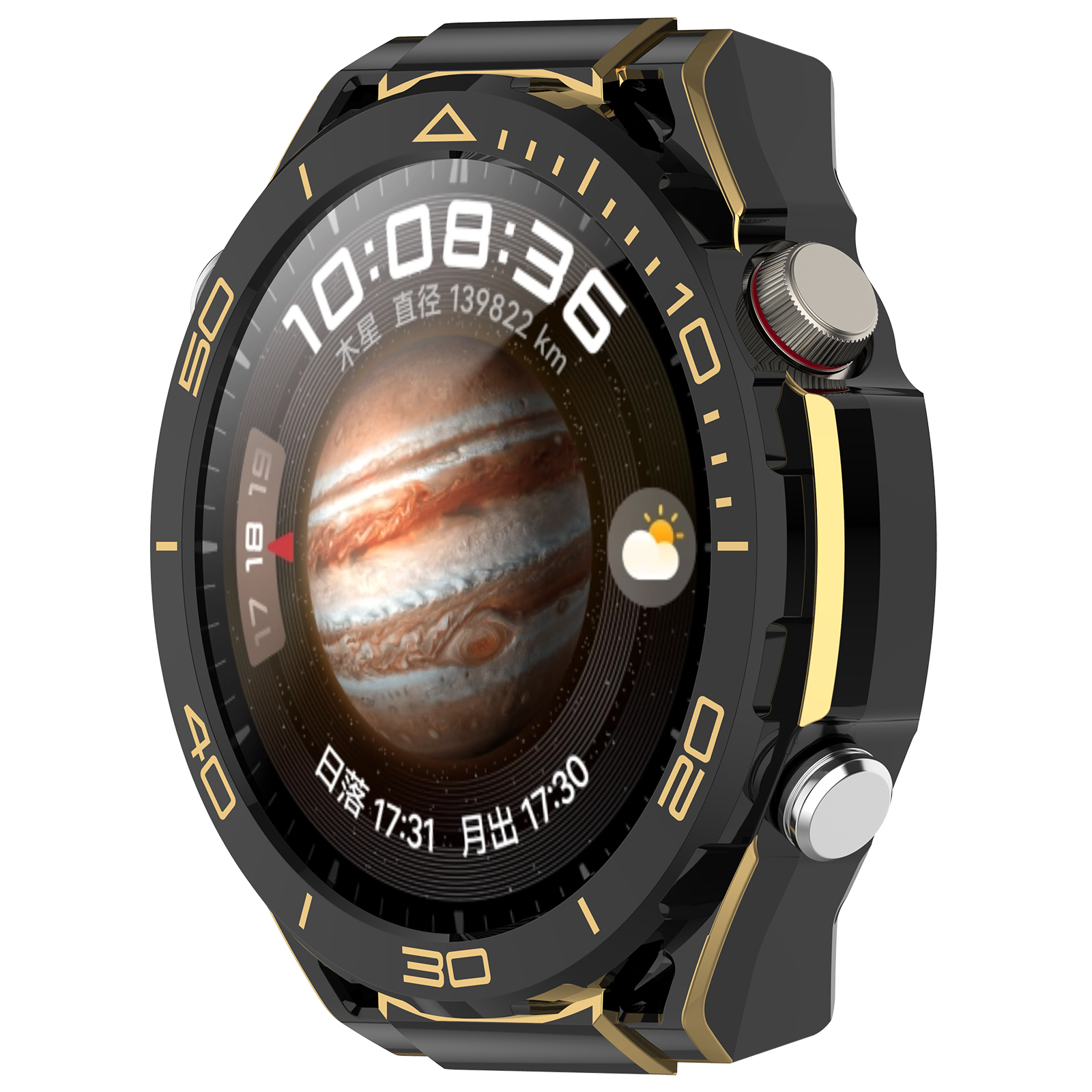 Smartwatch nero e oro con display a tema Giove. Lunetta con indicazioni temporali.