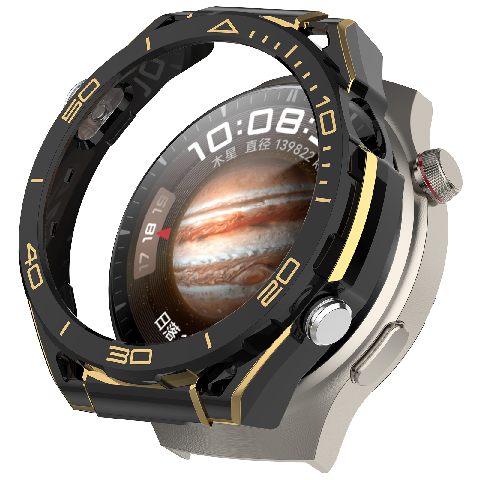 Cassa dell'orologio con finiture nere e dorate. Lo schermo mostra un'immagine di un pianeta con testo e numeri.