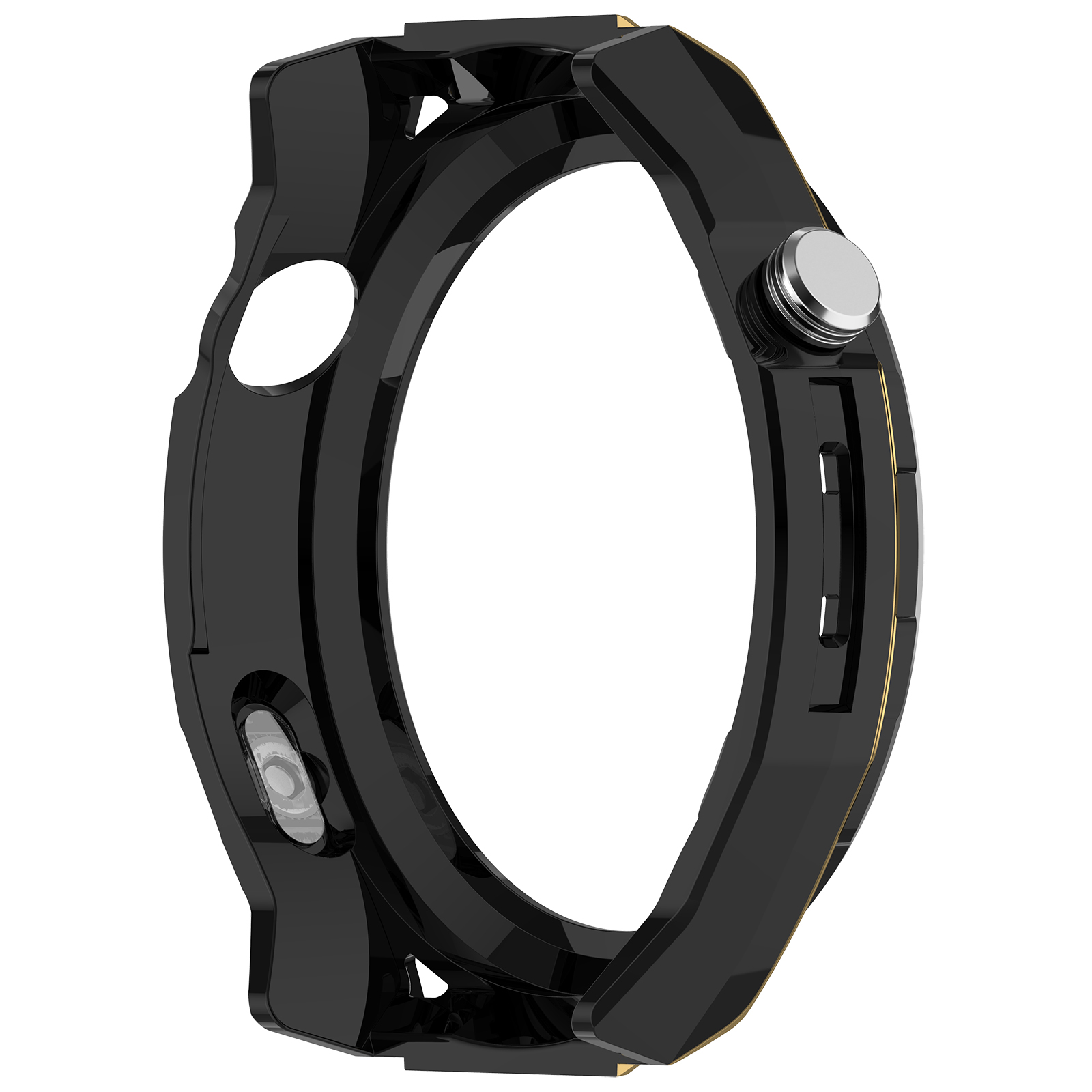 Cassa orologio nera con design. La cassa ha una forma arrotondata.