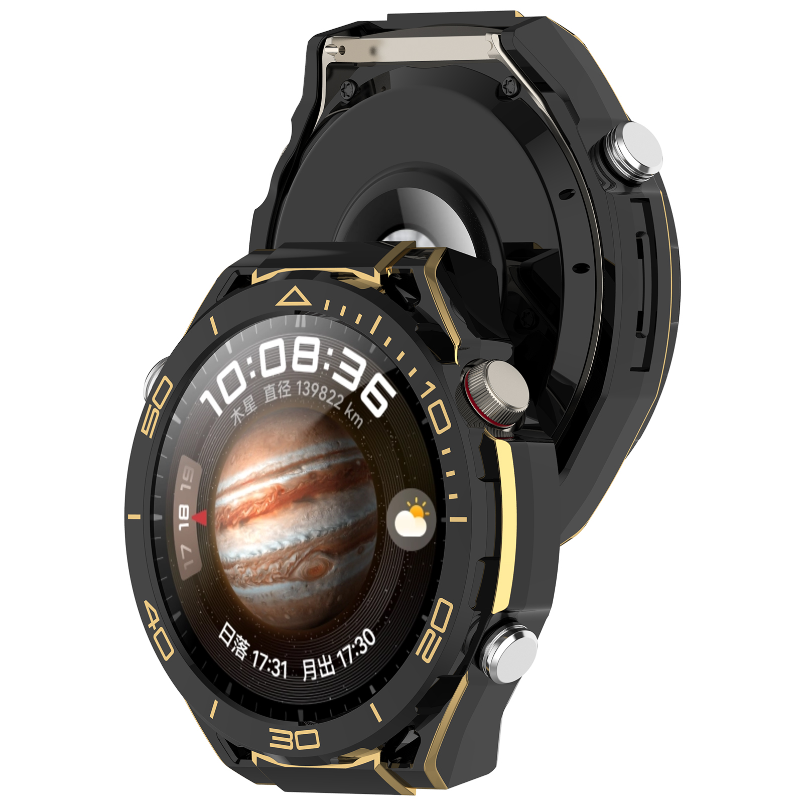 Custodia per smartwatch nera con accenti dorati e quadrante che mostra ora e pianeta.