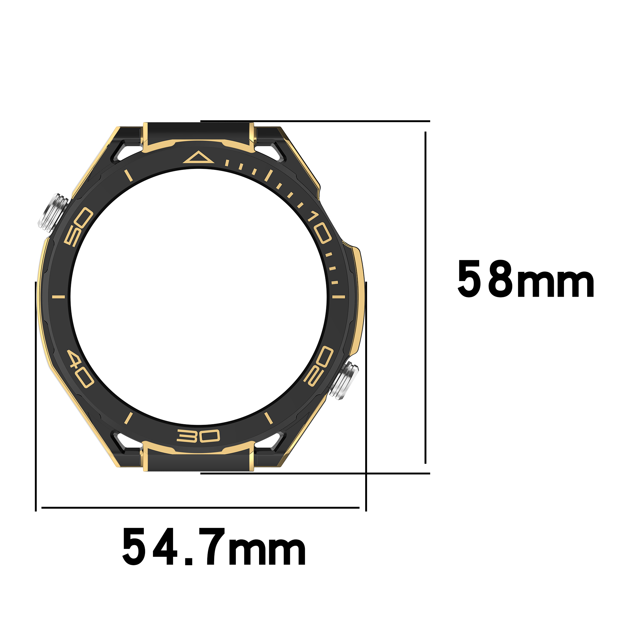 Lunetta di orologio nera e oro con dimensioni. Con indicazioni temporali.