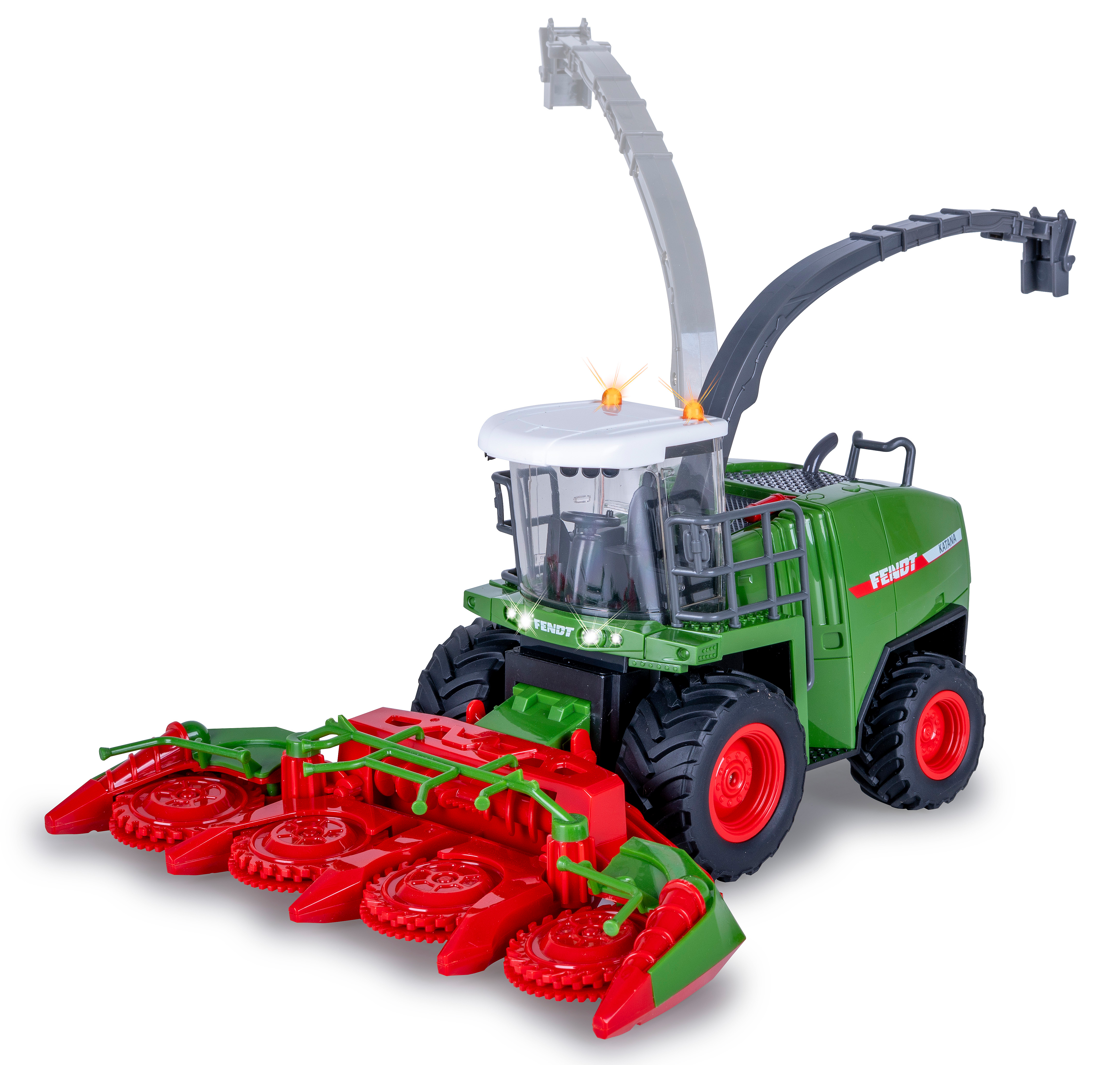 Grünes Fendt Mähdrescher-Spielzeug. Die Maschine hat rote Klingen und Lichter an. Weißer Hintergrund.