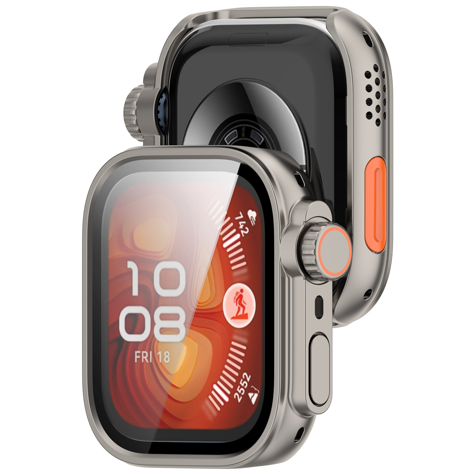 Eine Smartwatch mit Metallgehäuse, die eine digitale Anzeige zeigt, mit Seitenansicht einer anderen.