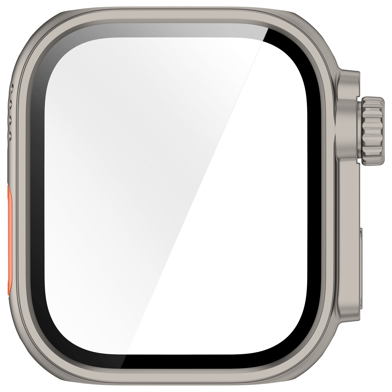 Eine Smartwatch-Hülle mit silbernem Rahmen. Der Bildschirm zeigt die Uhrzeit und ein Fitness-Symbol.