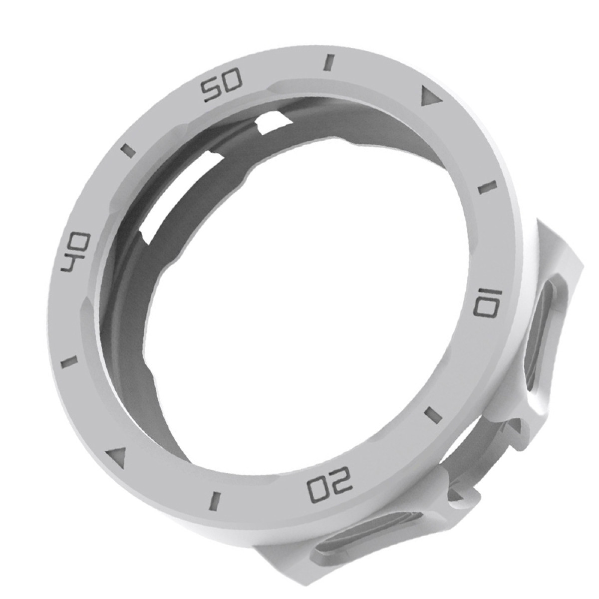 Weiße Smartwatch-Lünette mit Zahlen und Markierungen. Das Design ist kreisförmig und modern.